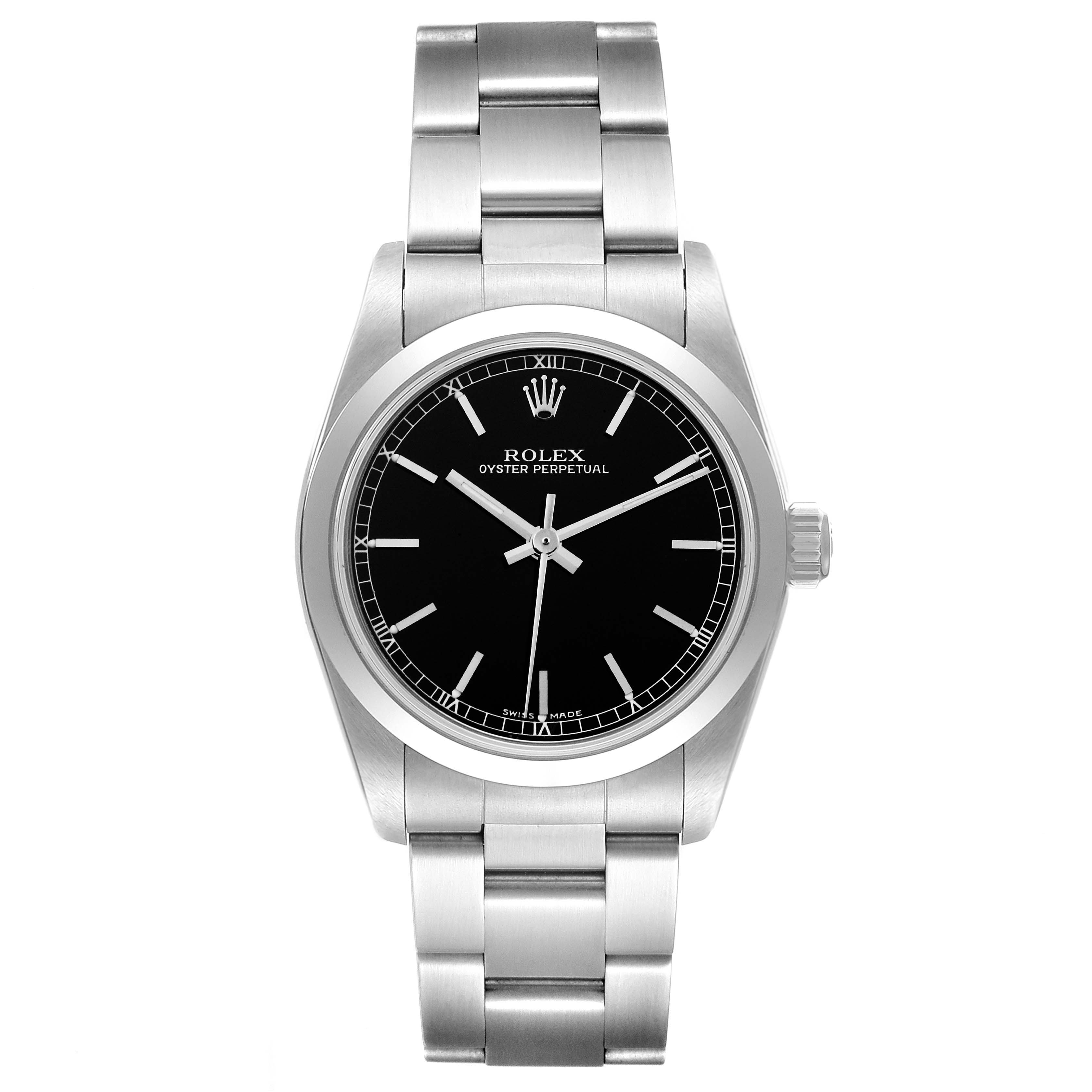 This image shows a front view of a Rolex Oyster Perpetual Mid-Size watch, displaying the face, crown, and bracelet.