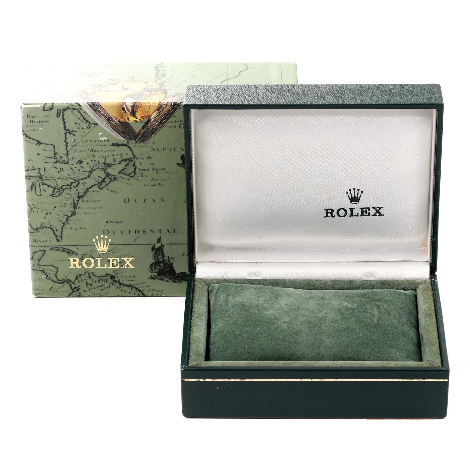 The image shows the open box and packaging for a Mid-Size Rolex watch.