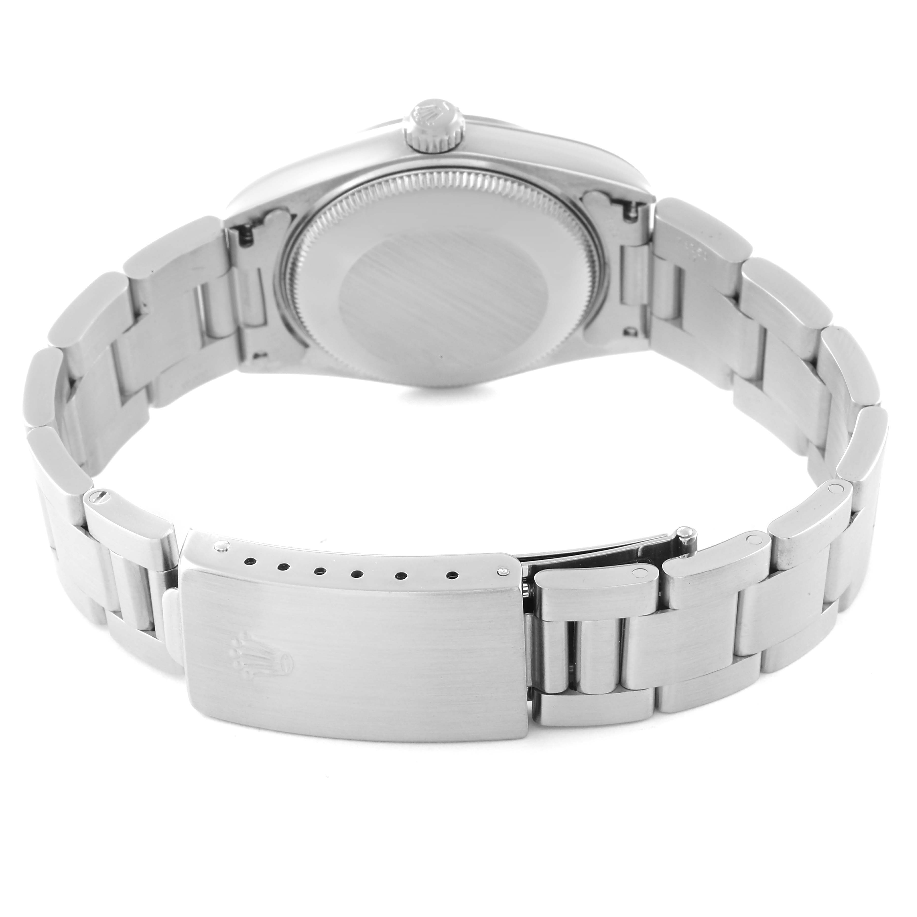 The image shows the back and bracelet of a Mid-Size Rolex watch, focusing on the clasp and caseback.