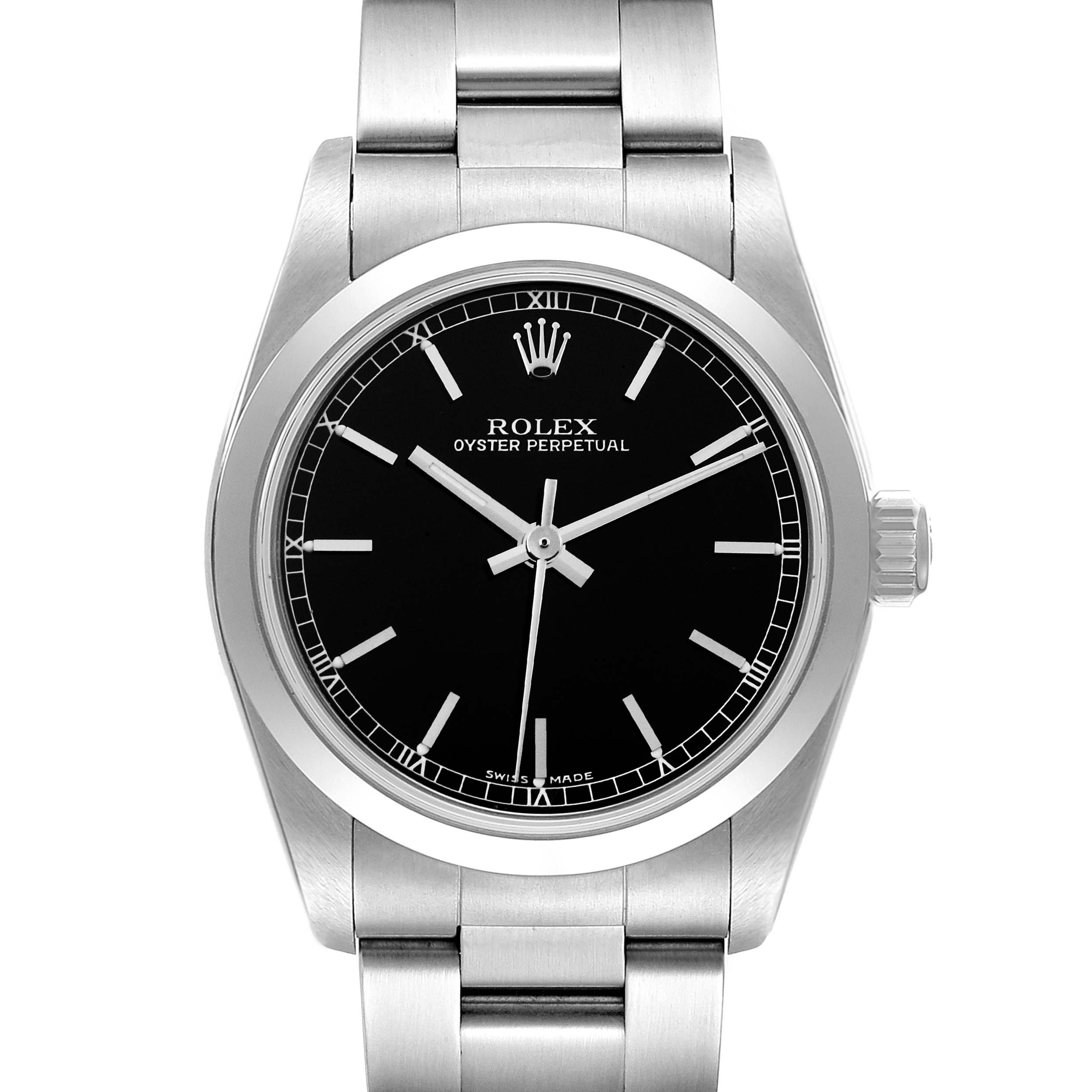 The image shows a front view of a Rolex Oyster Perpetual Mid-Size watch with a black dial and stainless steel bracelet.