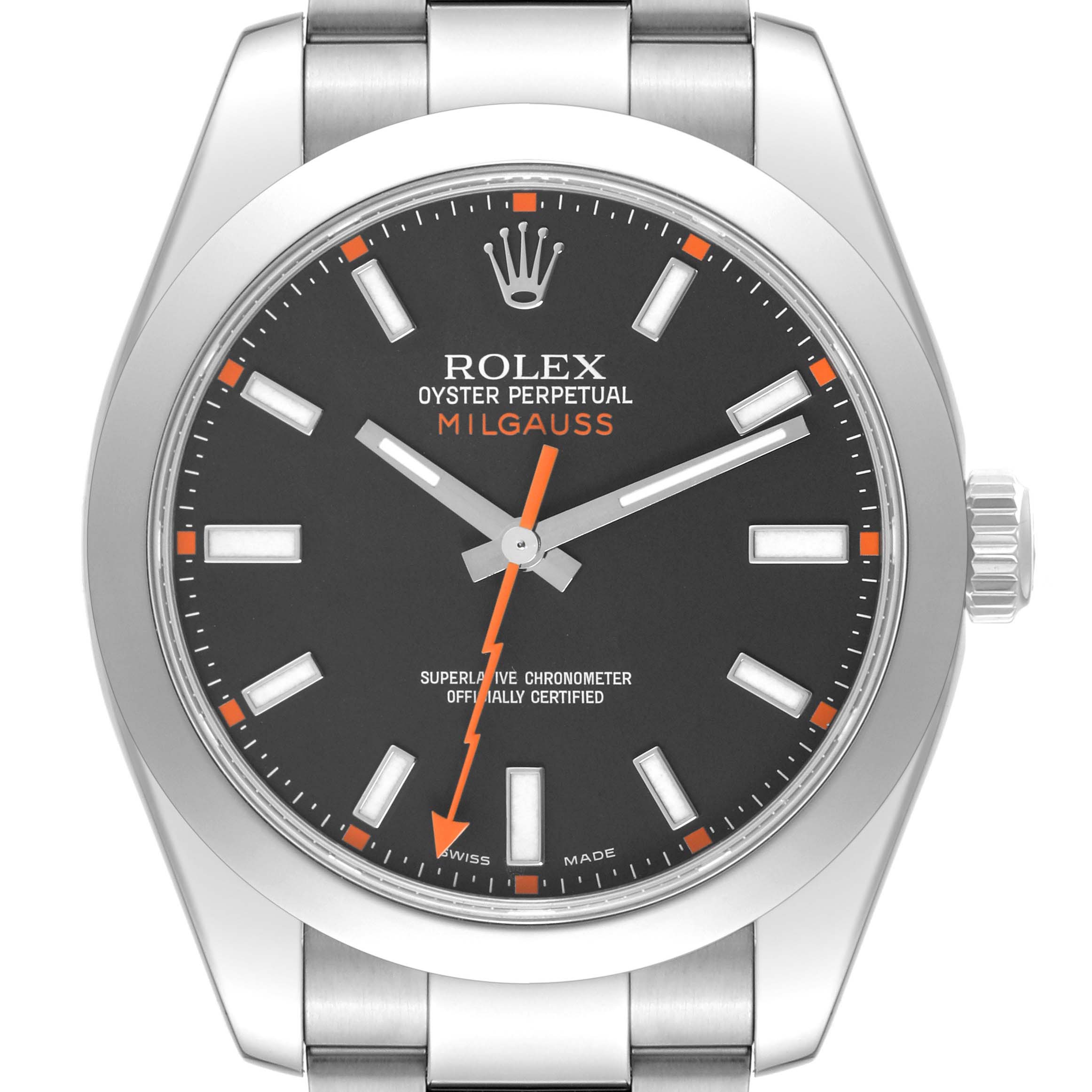 This is a close-up of the dial and bezel of a Rolex Milgauss 116400 Men
s Stainless Steel Black Dial 116400 Men
s Stainless Steel Black Dial watch, showing hour markers, hands, crown, and branding.