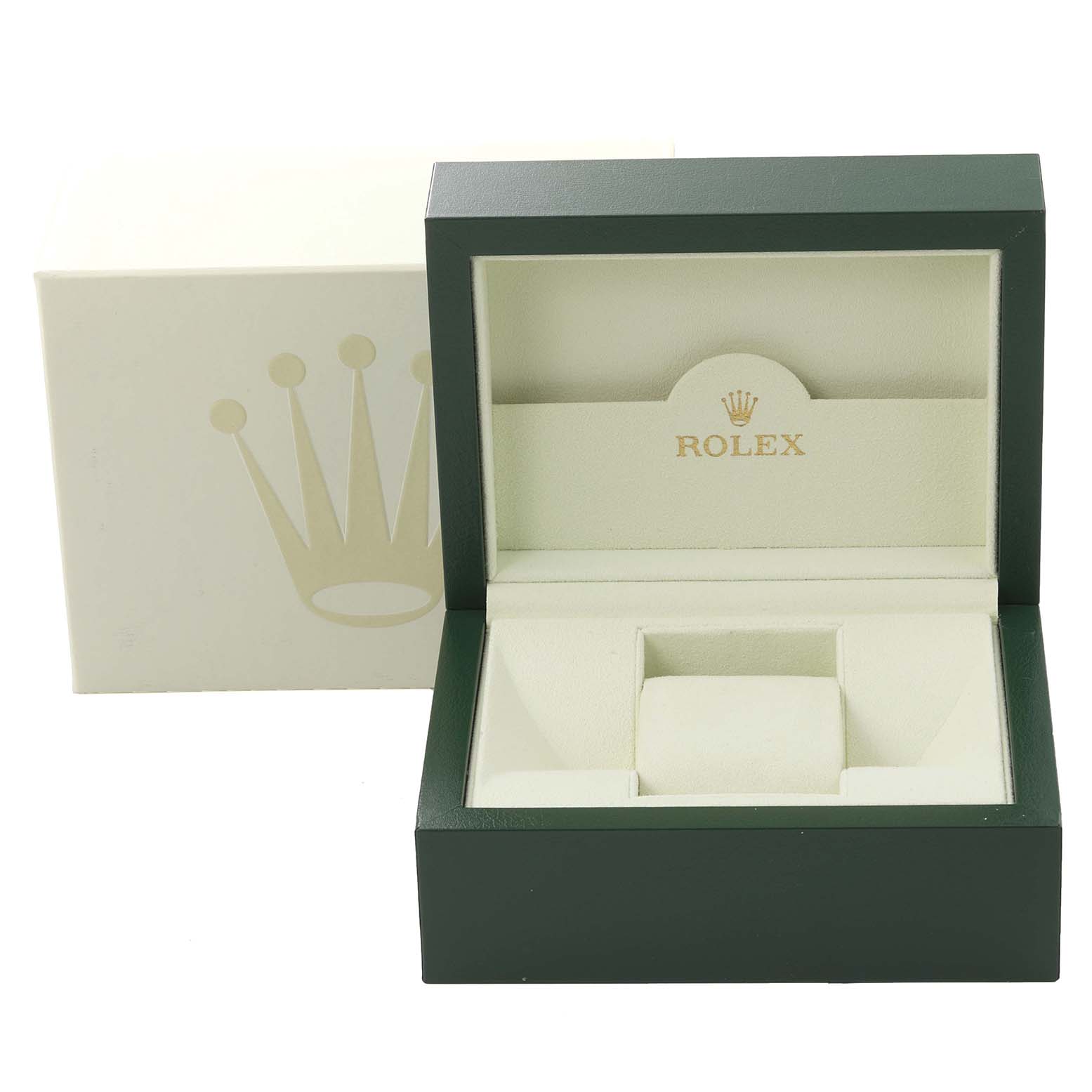 The image shows an open Rolex watch box for the Milgauss model, viewed from the front, with a green exterior and soft beige interior.