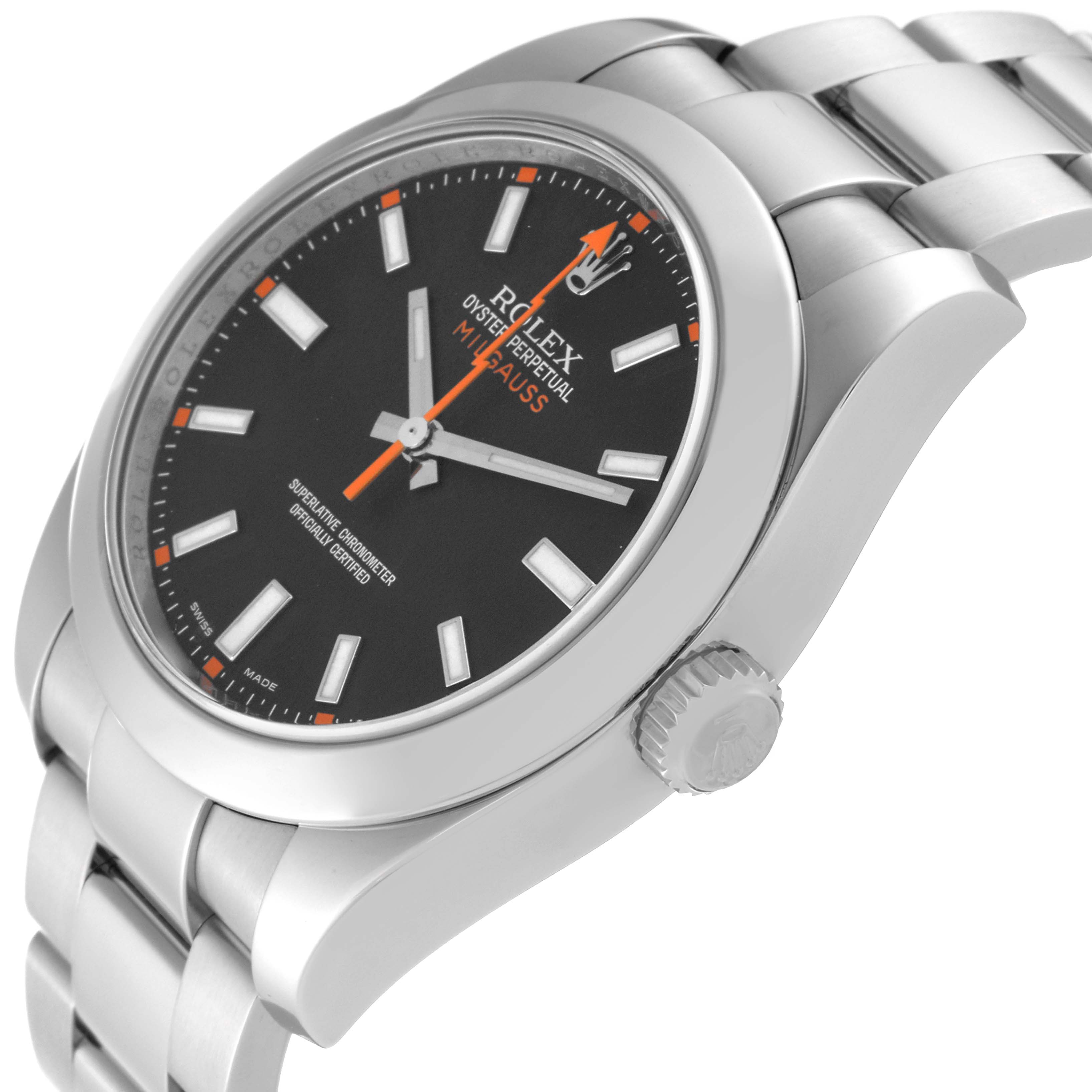 The Rolex Milgauss 116400 Men
s Stainless Steel Black Dial 116400 Men
s Stainless Steel Black Dial watch is shown at an angled view, highlighting the face, bezel, crown, and part of the bracelet.