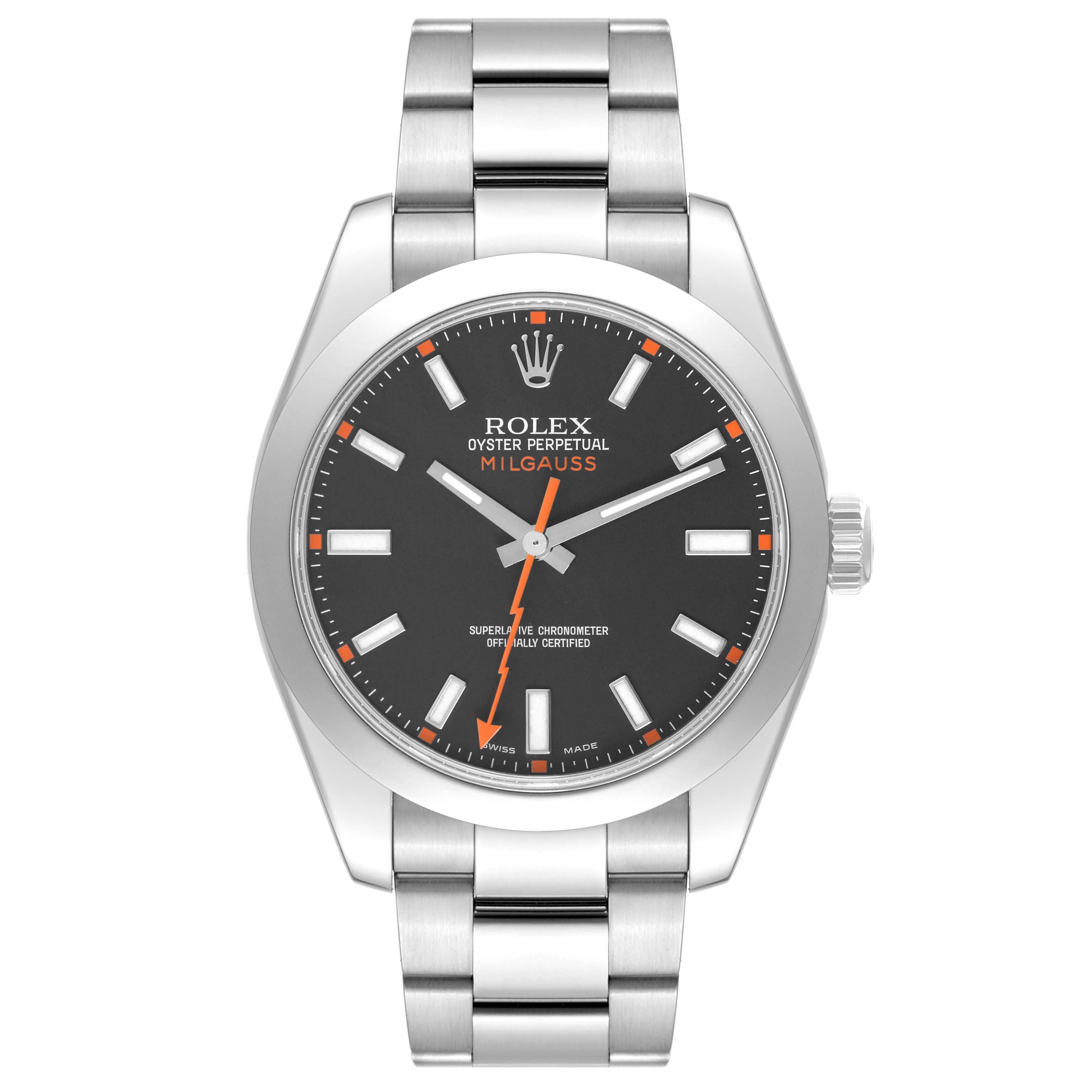 The image shows a front view of the Rolex Milgauss 116400 Men
s Stainless Steel Black Dial 116400 Men
s Stainless Steel Black Dial watch, displaying its face, case, and bracelet.