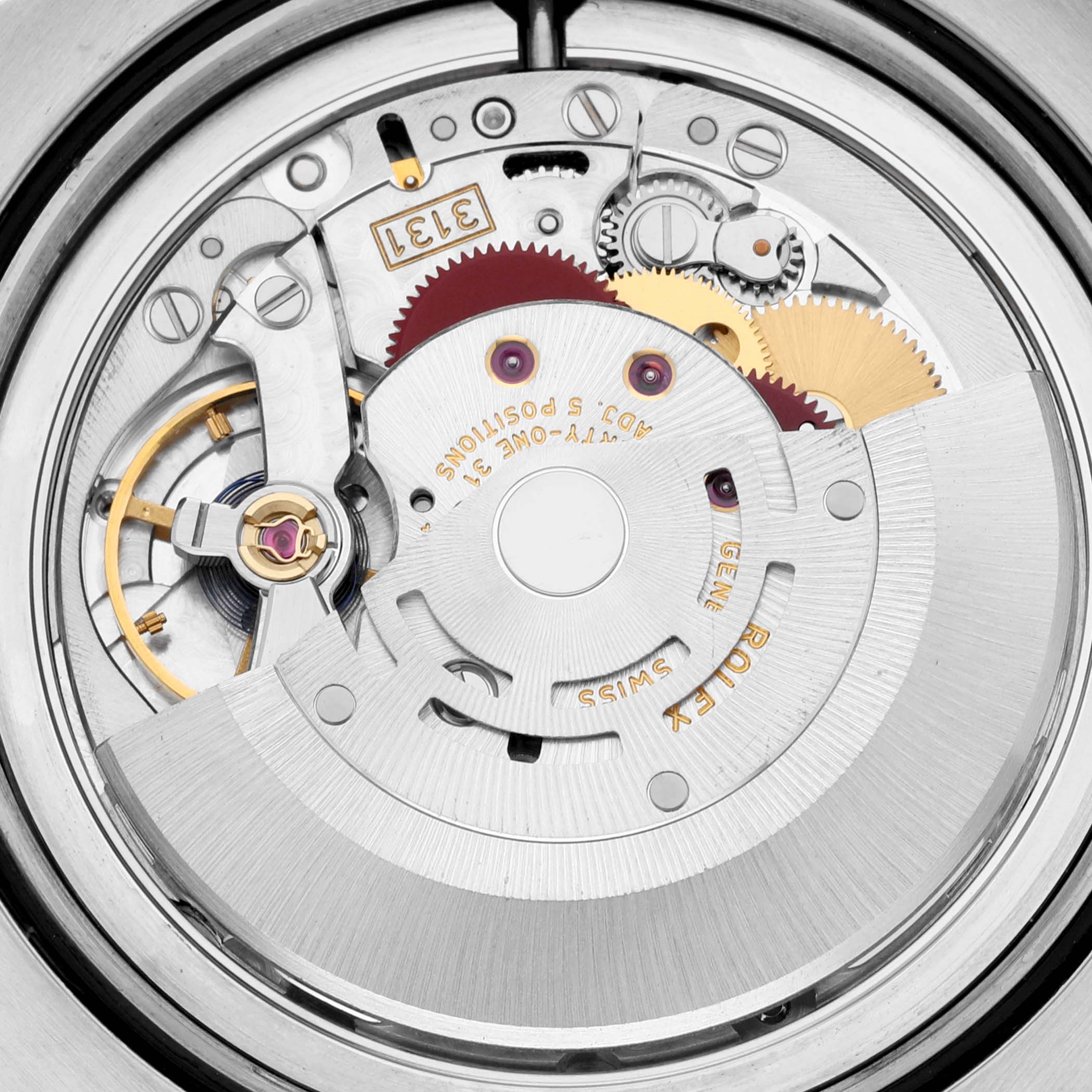 This image shows an up-close view of the internal movement components of the Rolex Milgauss 116400 Men
s Stainless Steel Black Dial 116400 Men
s Stainless Steel Black Dial watch.