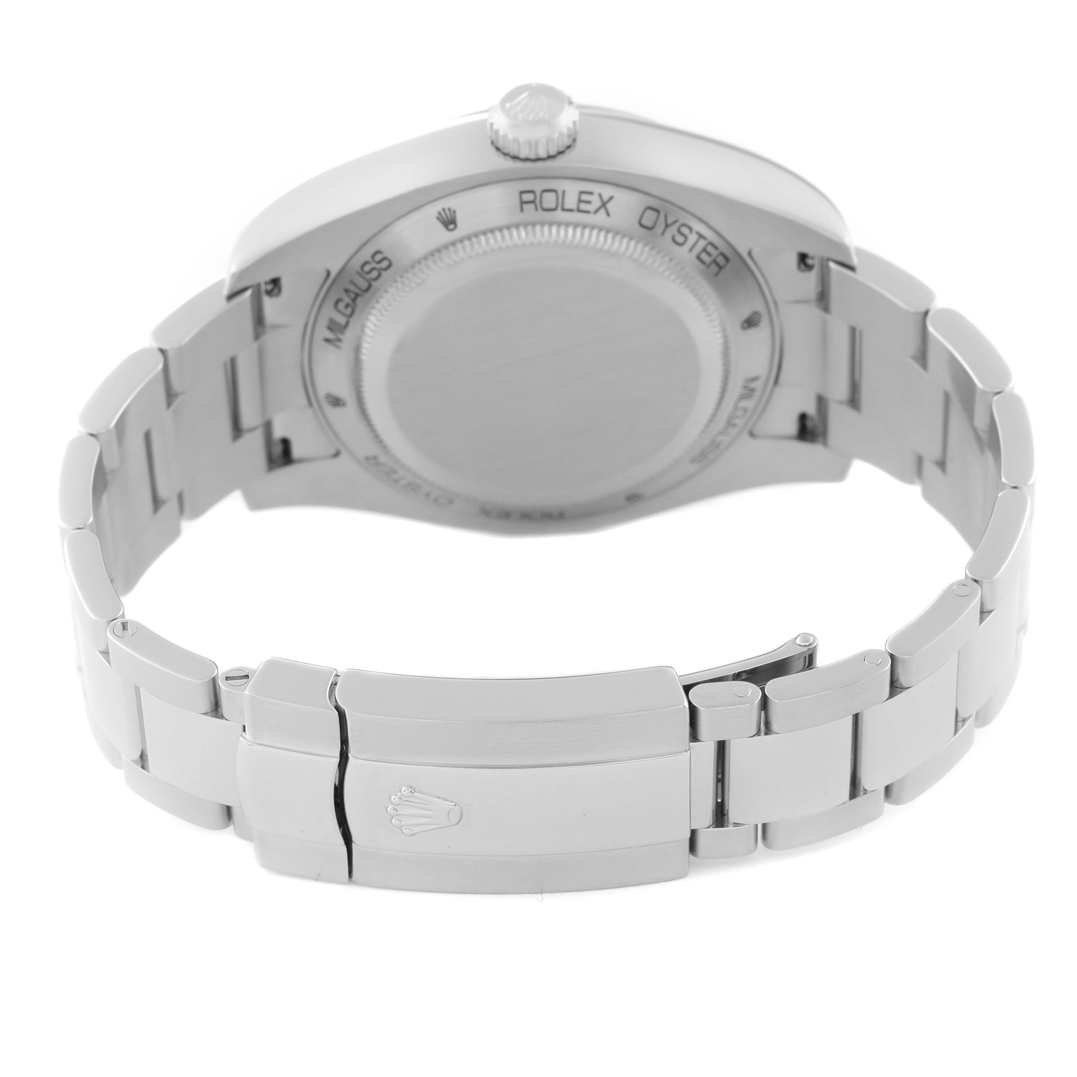 The image shows the back case and bracelet of a Rolex Milgauss 116400 Men
s Stainless Steel Black Dial 116400 Men
s Stainless Steel Black Dial watch, viewed from the rear.