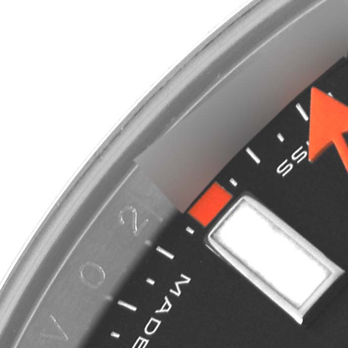 This image shows a close-up of the dial and part of the red seconds hand on a Rolex Milgauss 116400 Men
s Stainless Steel Black Dial 116400 Men
s Stainless Steel Black Dial watch.