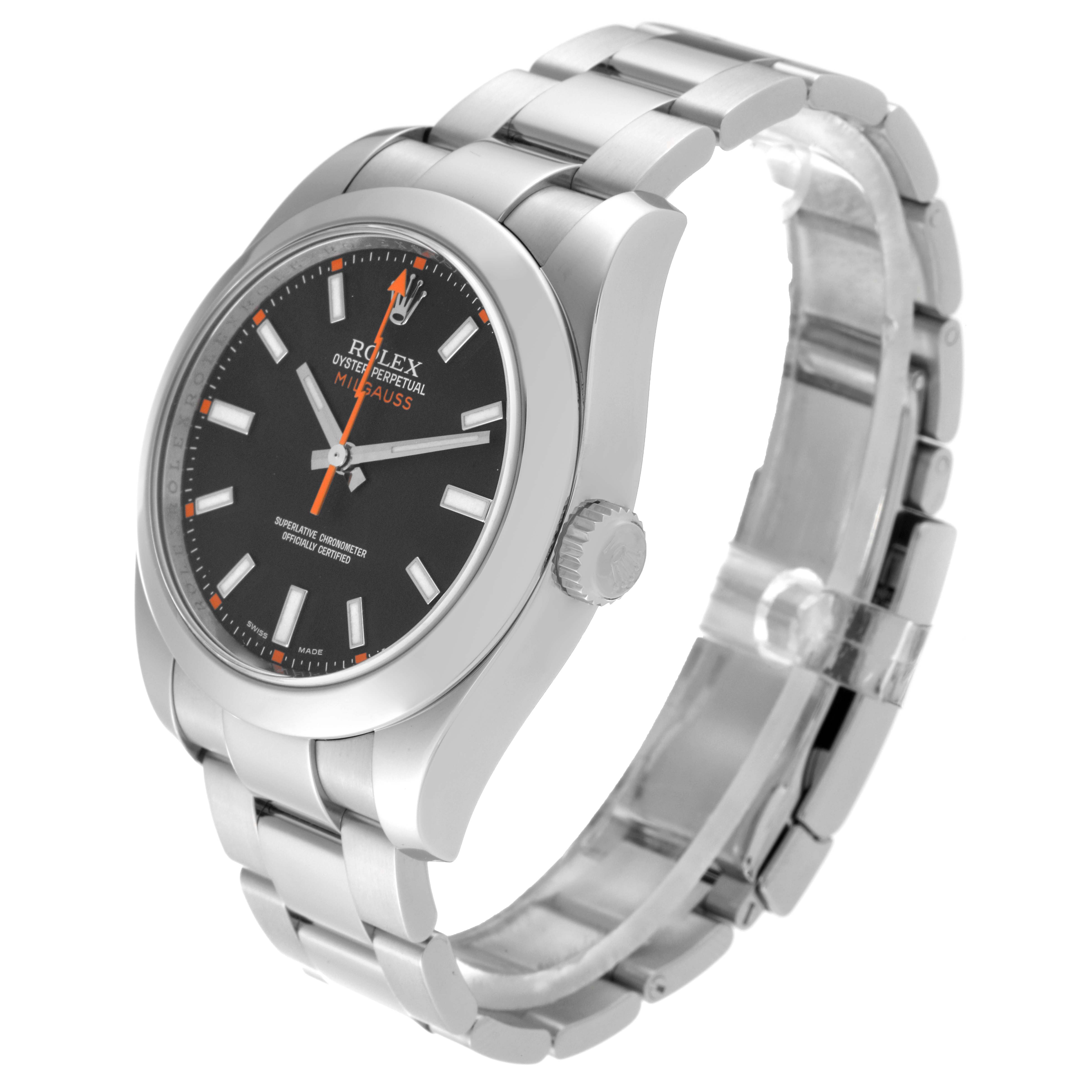 The Rolex Milgauss 116400 Men
s Stainless Steel Black Dial 116400 Men
s Stainless Steel Black Dial watch is shown at a three-quarter angle, highlighting its face, bezel, crown, and bracelet.