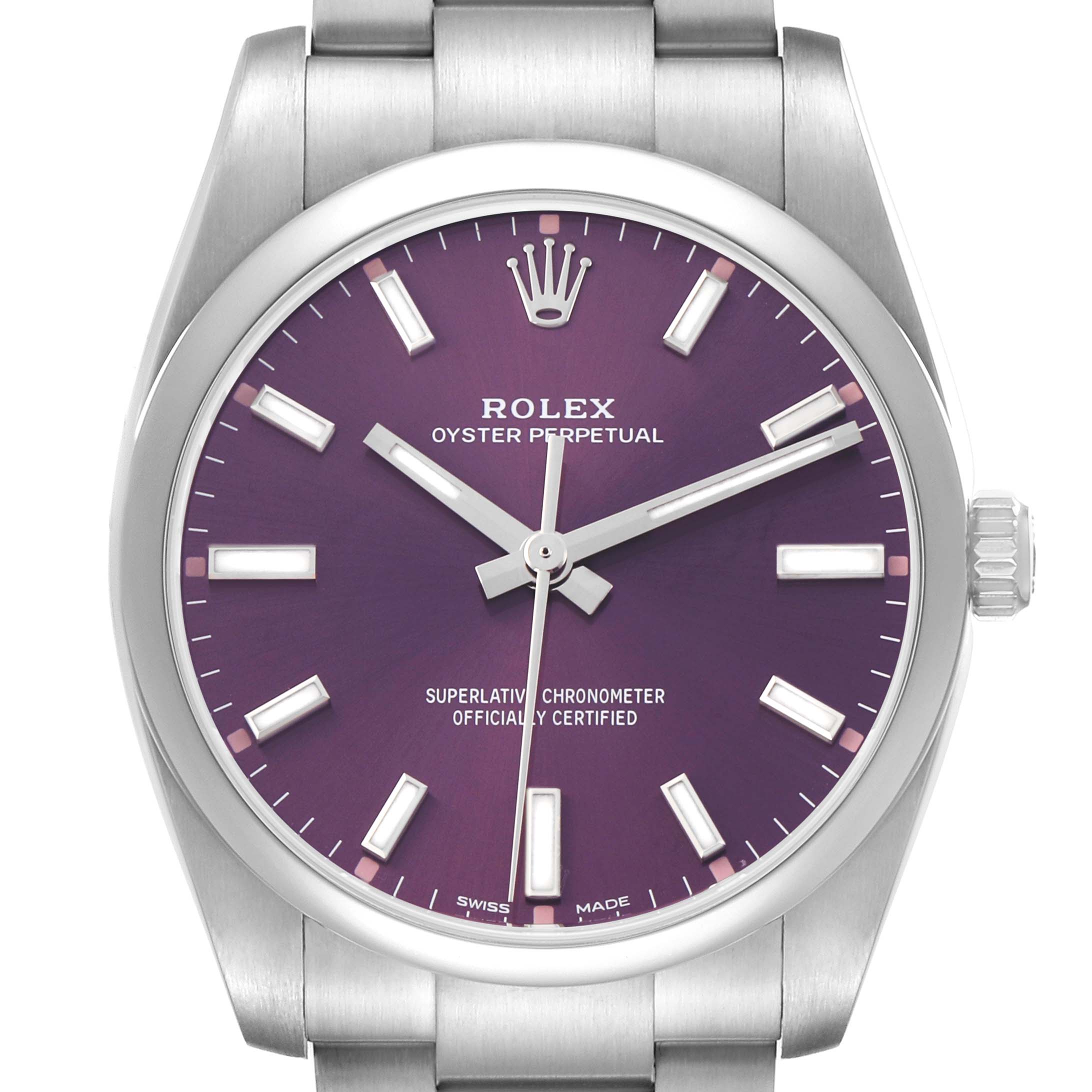 The Rolex Oyster Perpetual 114200 Men's Stainless Steel Red Dial watch is shown from a front angle, highlighting the purple dial, markers, hands, and crown.