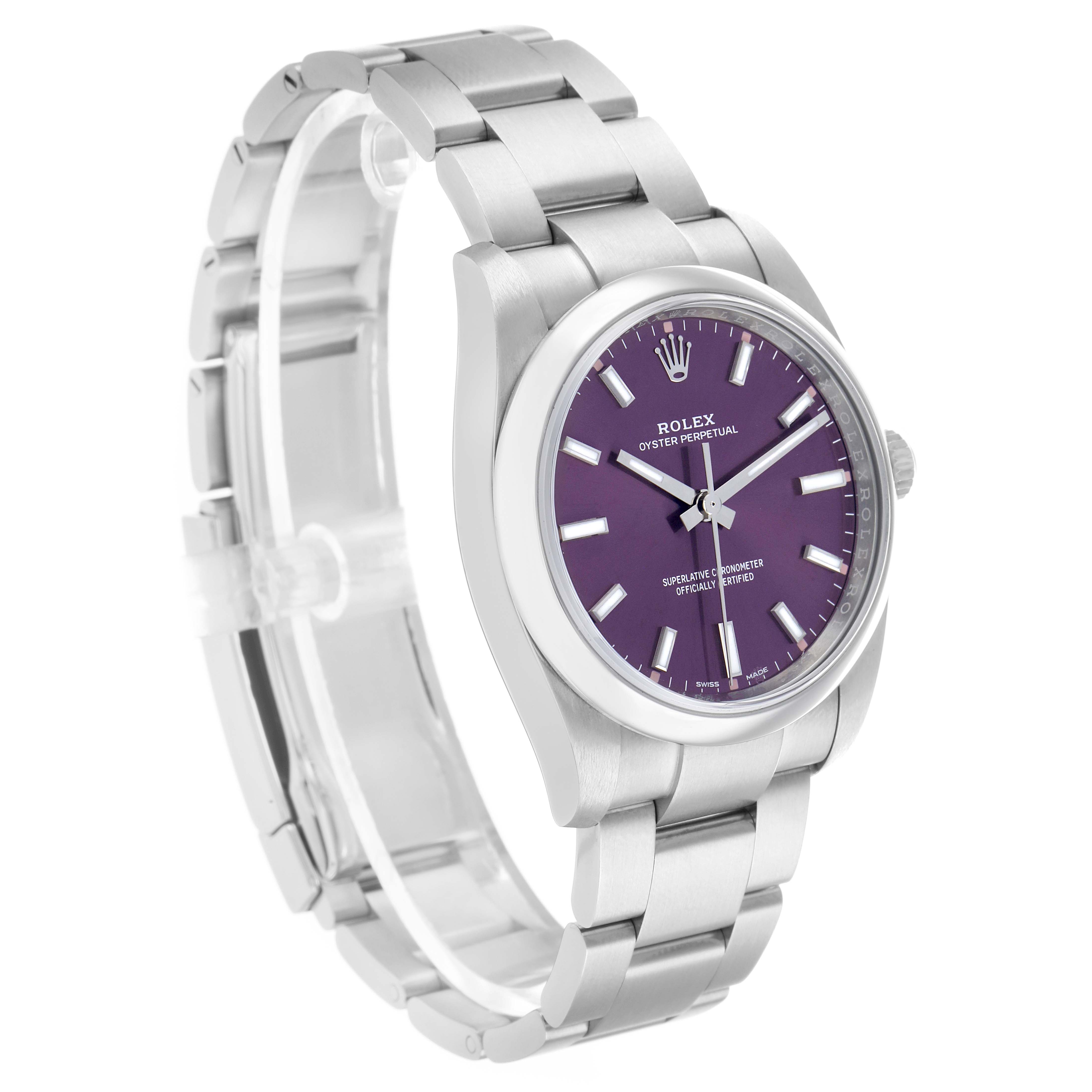 The Rolex Oyster Perpetual 114200 Men's Stainless Steel Red Dial watch is shown at an angle displaying the purple dial, bezel, case, and metal bracelet.