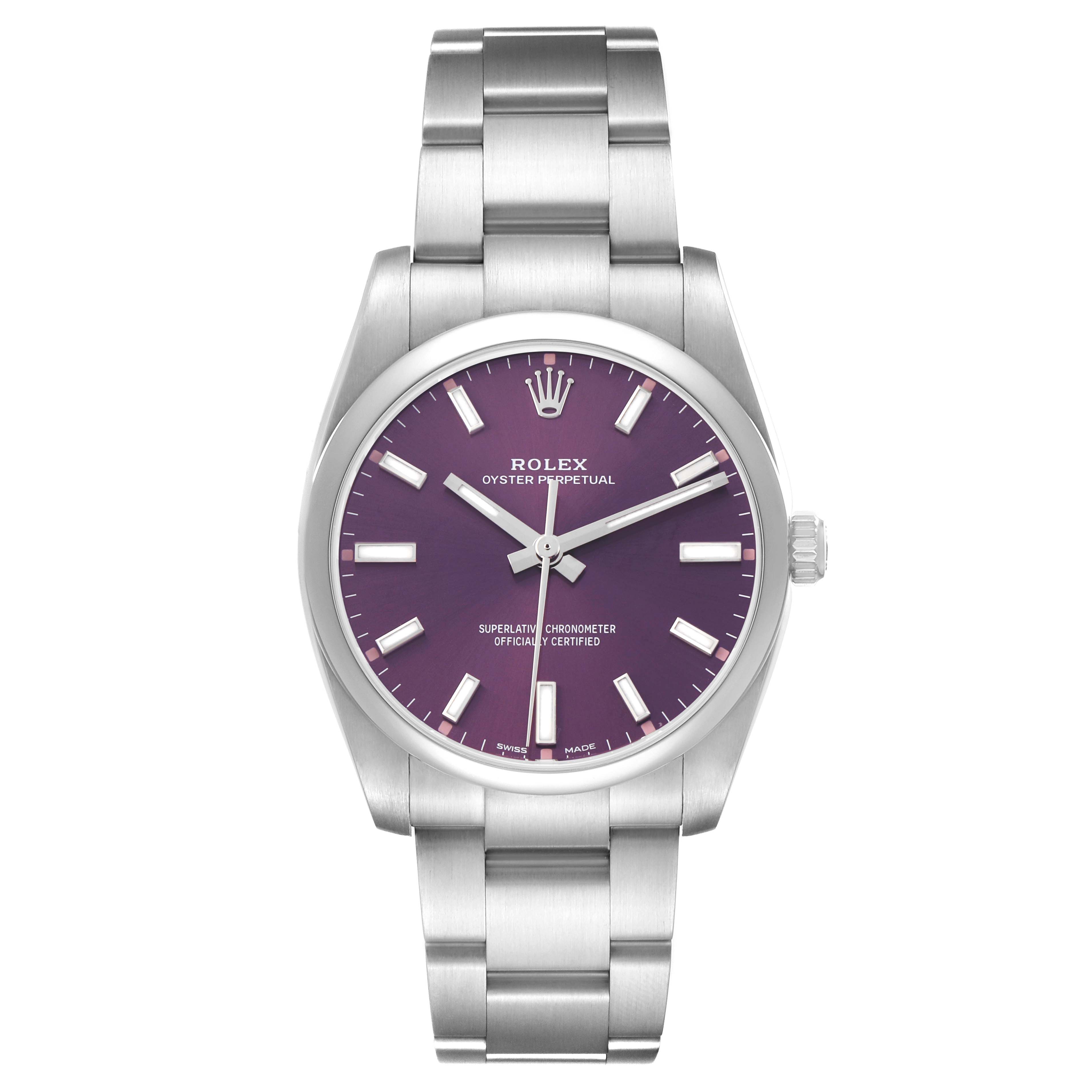 The Rolex Oyster Perpetual 114200 Men's Stainless Steel Red Dial watch is shown from a front view, highlighting its dial, bezel, and bracelet.