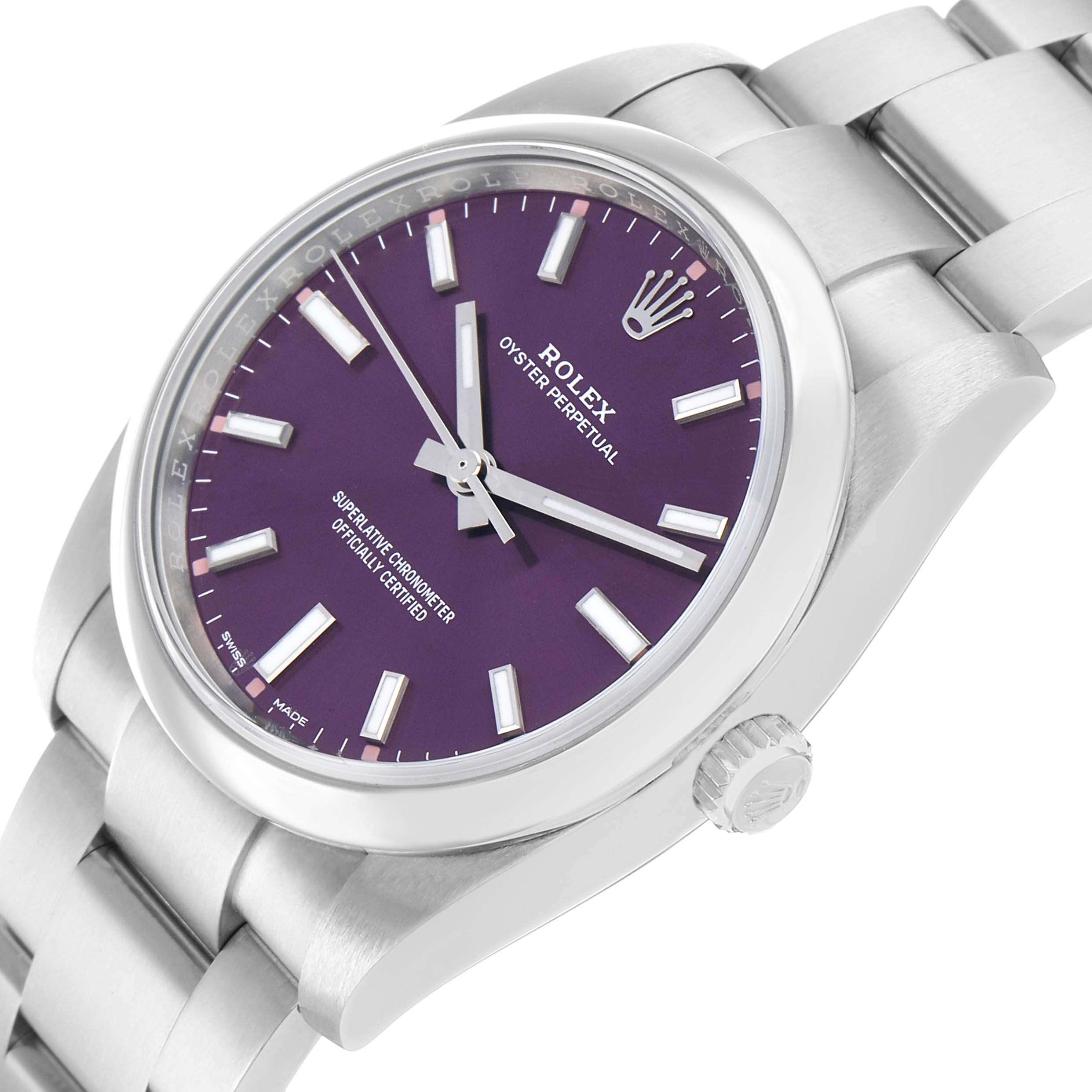 The Rolex Oyster Perpetual 114200 Men's Stainless Steel Red Dial watch is shown at an angled view, highlighting the dial, bezel, case, and part of the bracelet.