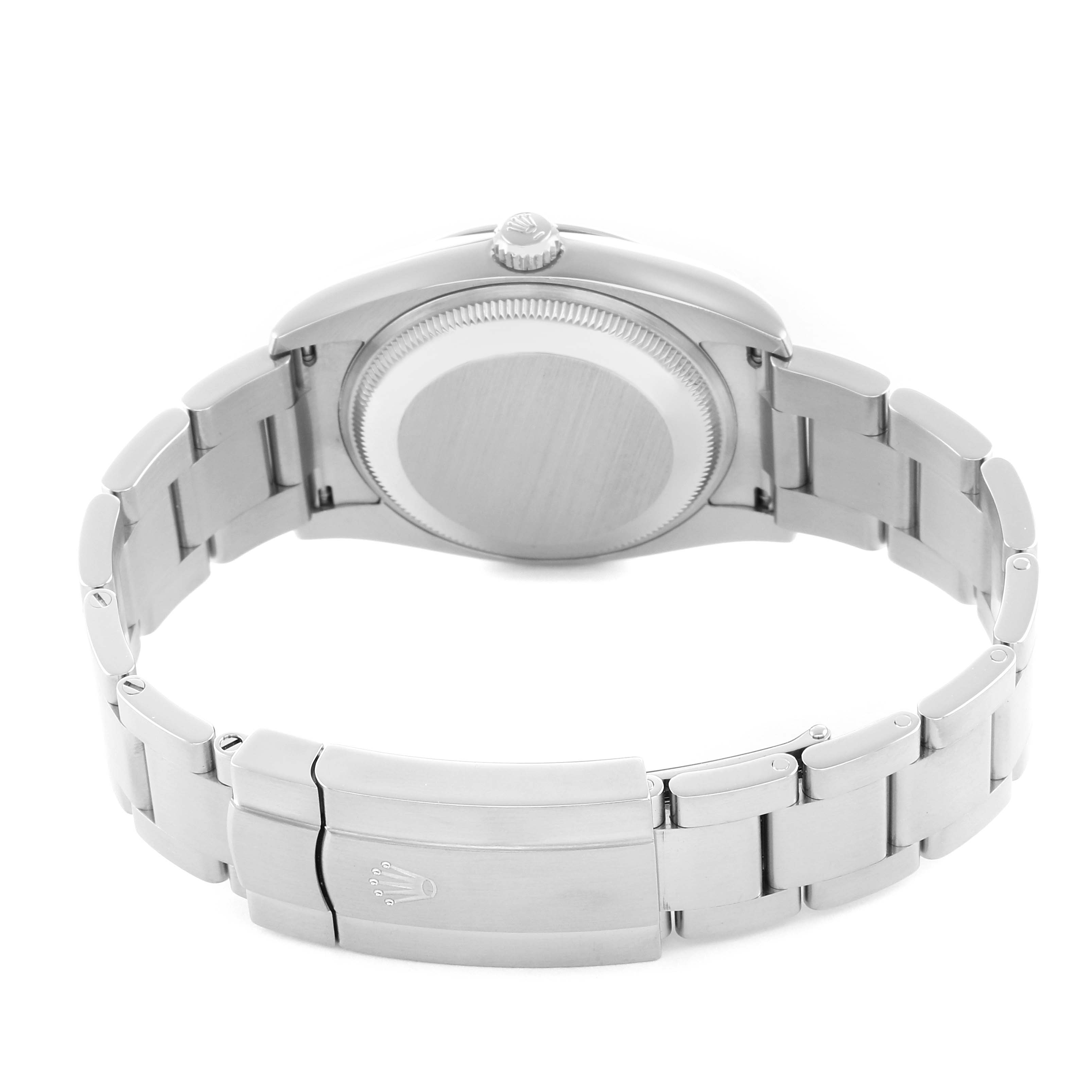 The Rolex Oyster Perpetual 114200 Men's Stainless Steel Red Dial is shown from the back, highlighting the caseback, bracelet, and clasp.