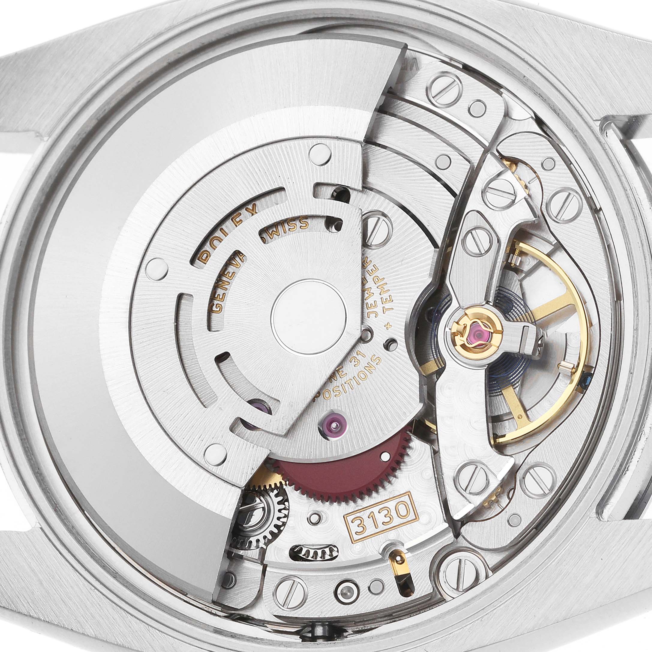 The image shows the movement mechanism of the Rolex Oyster Perpetual 114200 Men's Stainless Steel Red Dial, highlighting the rotor and balance wheel from the back.