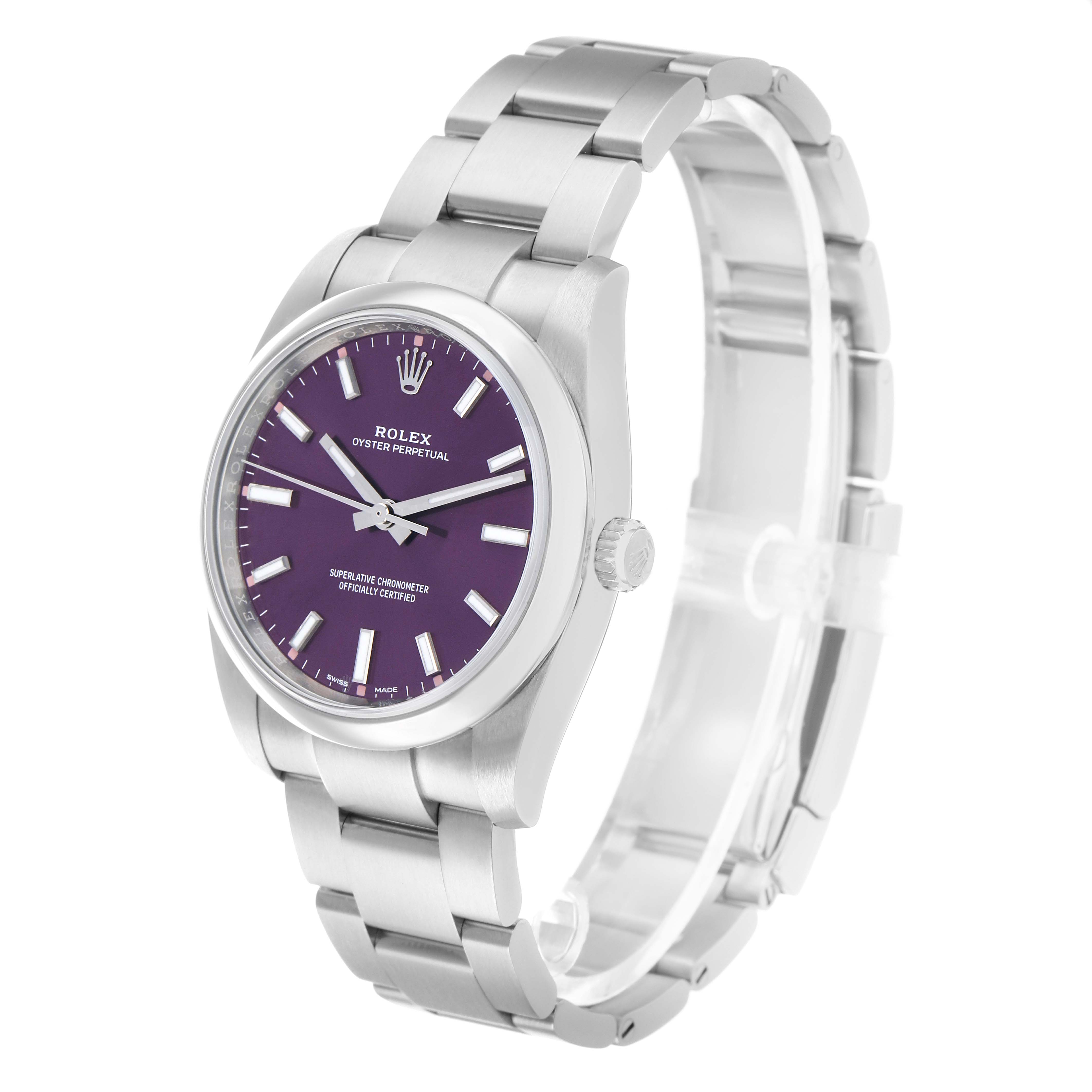 The Rolex Oyster Perpetual 114200 Men's Stainless Steel Red Dial watch is shown at a slight angle, highlighting its purple dial, casing, and bracelet.