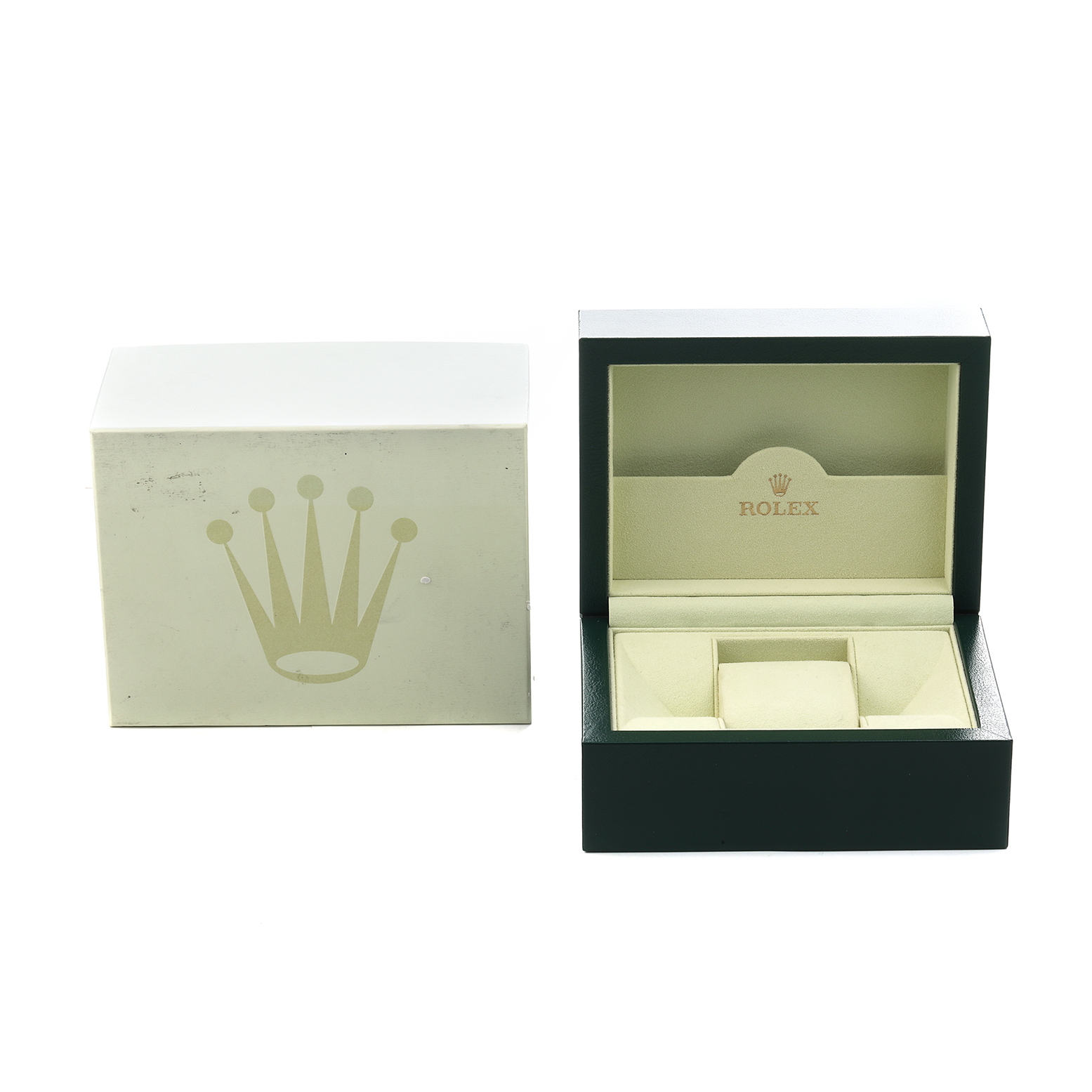 The image shows a Rolex Oyster Perpetual 114200 Men's Stainless Steel Purple Dial watch box and packaging, with the open box revealing interior compartments.