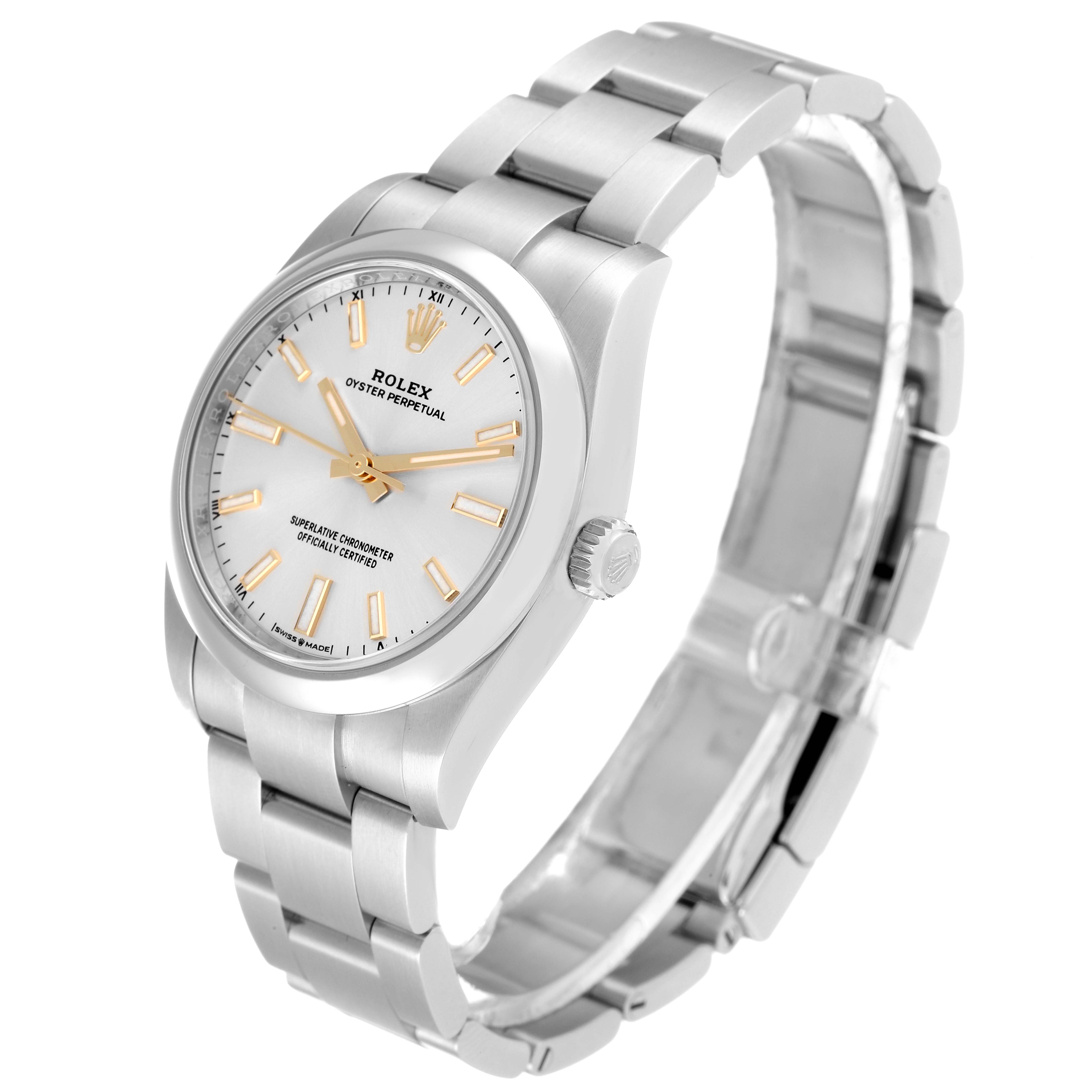The image shows the front and side view of a Rolex Oyster Perpetual 124200 Men's Stainless Steel Silver Dial 124200 Men's Stainless Steel Silver Dial watch, highlighting the dial, case, and bracelet.