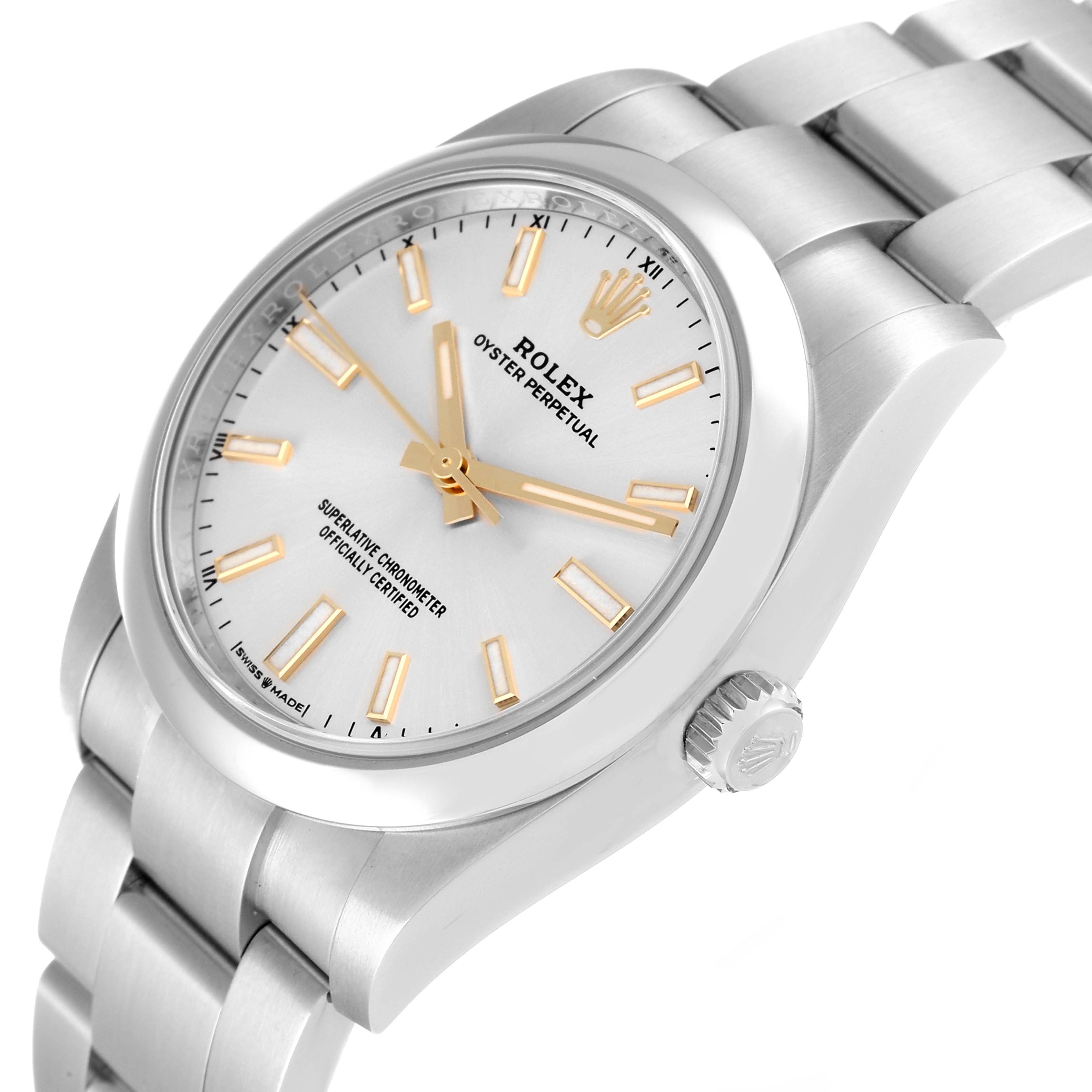 The image shows a Rolex Oyster Perpetual 124200 Men's Stainless Steel Silver Dial 124200 Men's Stainless Steel Silver Dial watch at a three-quarter angle, highlighting its face, bezel, crown, and bracelet.