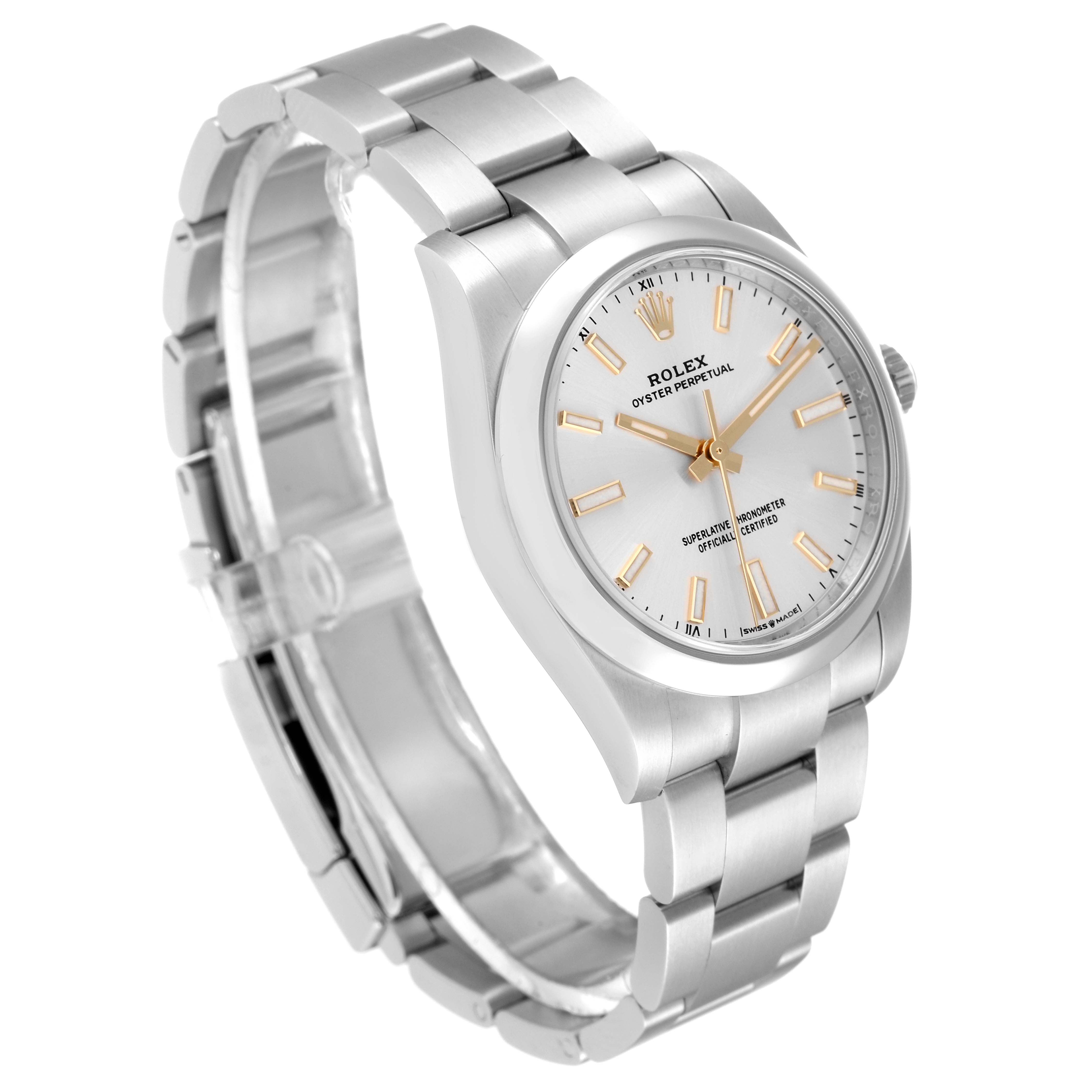 The image shows the front and side view of a Rolex Oyster Perpetual 124200 Men's Stainless Steel Silver Dial 124200 Men's Stainless Steel Silver Dial watch, highlighting its bracelet, case, and dial.