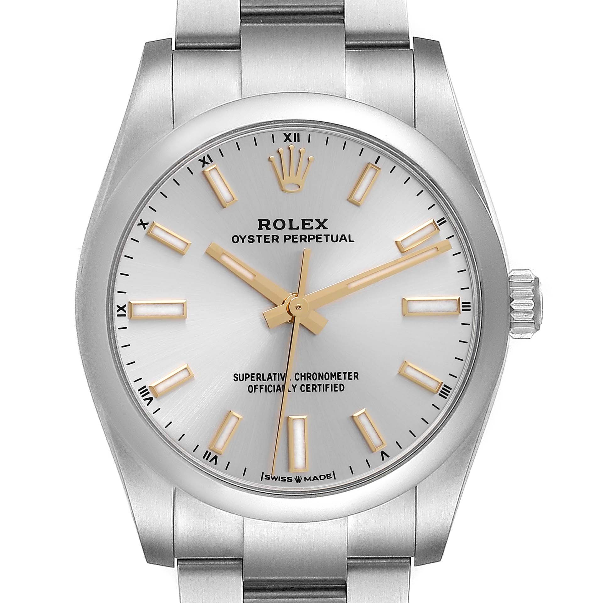 This is a front view of the Rolex Oyster Perpetual 124200 Men's Stainless Steel Silver Dial 124200 Men's Stainless Steel Silver Dial watch, showing the dial, hands, markers, and a portion of the bracelet.