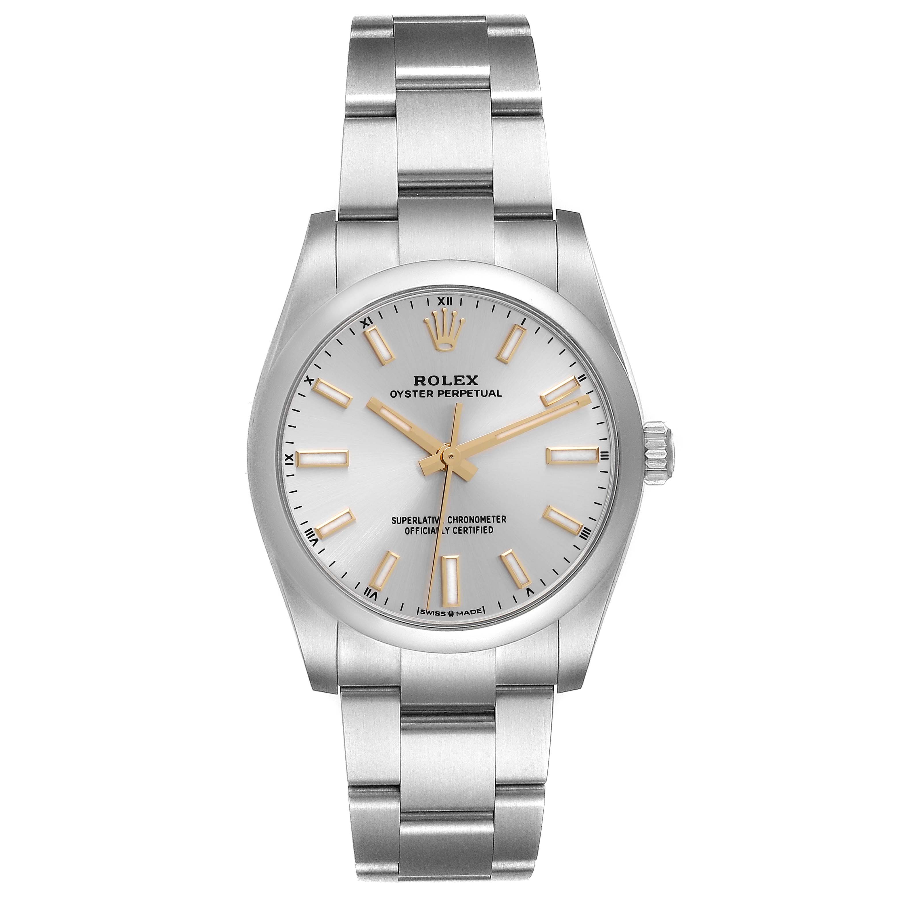 The Rolex Oyster Perpetual 124200 Men's Stainless Steel Silver Dial 124200 Men's Stainless Steel Silver Dial watch is shown from a front angle, featuring the dial, case, and bracelet.