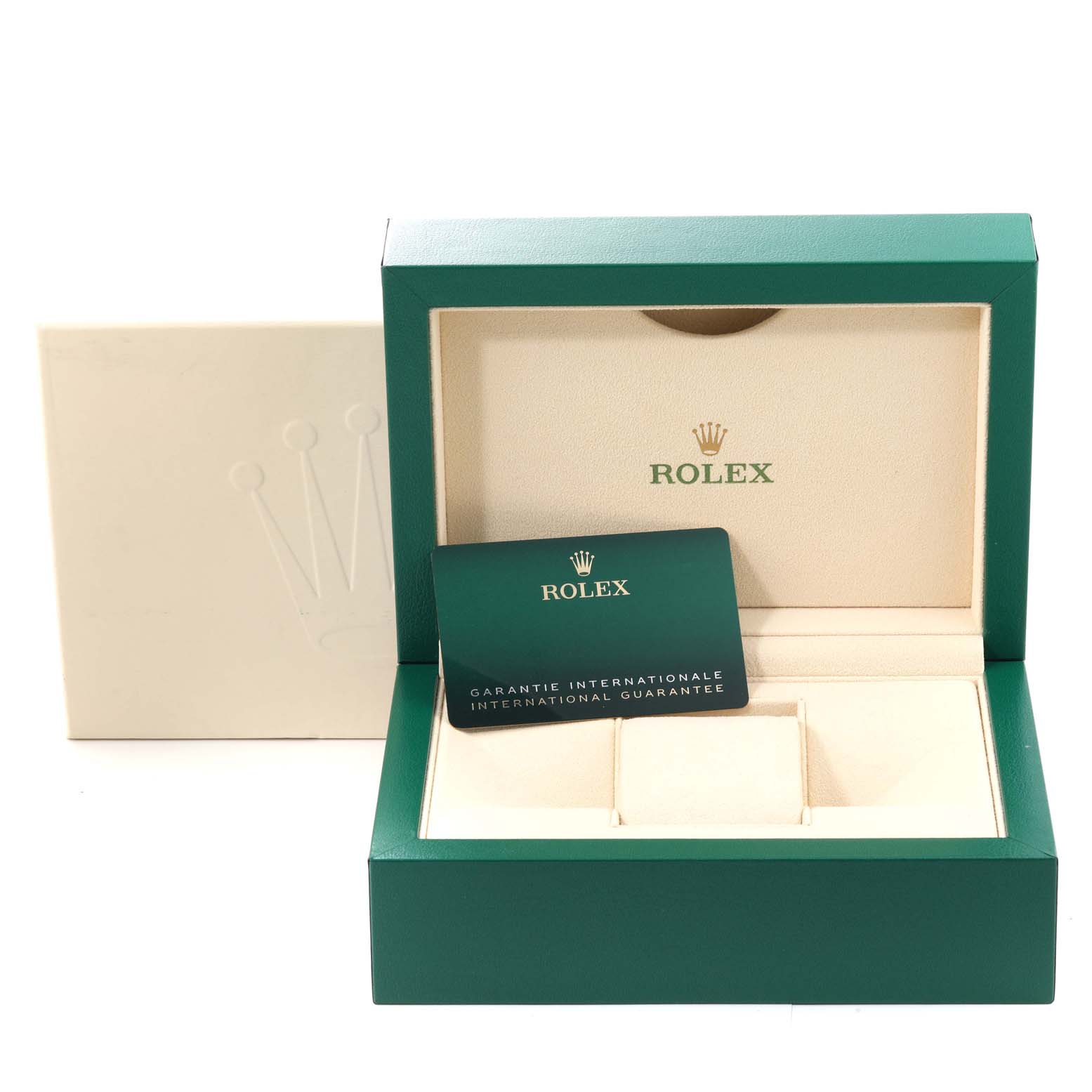 The image shows the open presentation box for a Rolex Oyster Perpetual 124200 Men's Stainless Steel Silver Dial 124200 Men's Stainless Steel Silver Dial watch along with the international guarantee card.