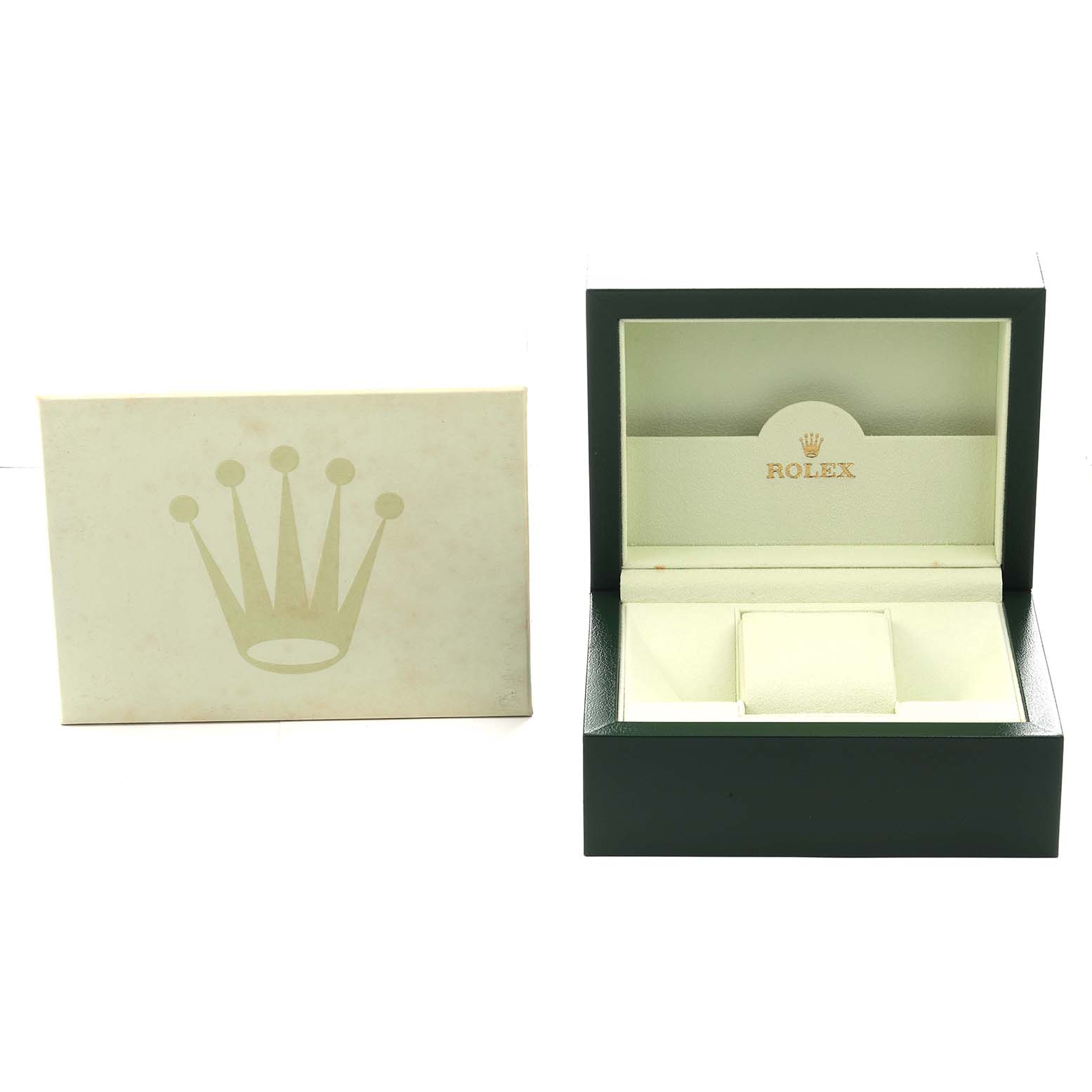 The image shows an open Rolex Oyster Perpetual 116000 Men's Stainless Steel Black Dial watch box and an accompanying outer box.