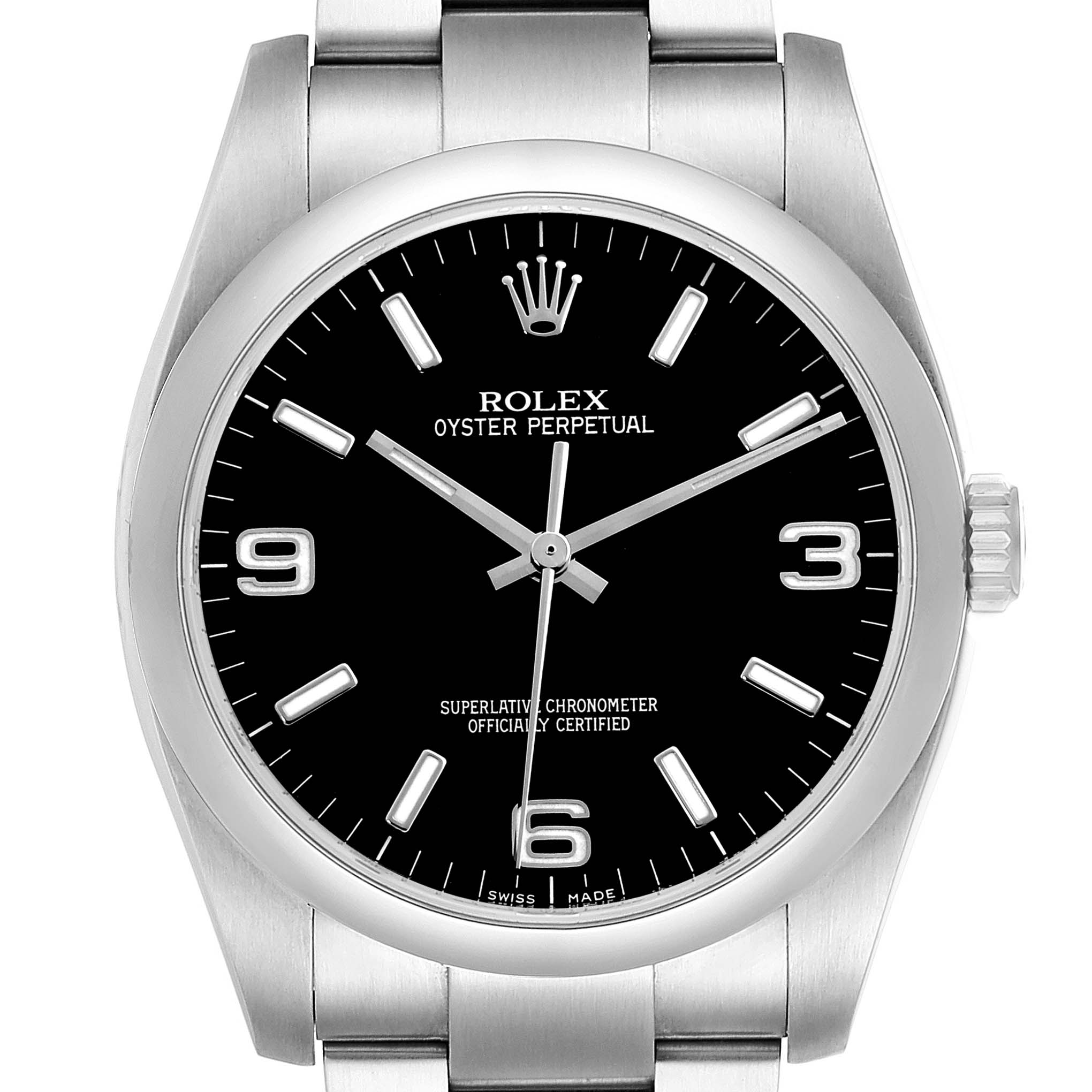 The Rolex Oyster Perpetual 116000 Men's Stainless Steel Black Dial watch is shown from the front, highlighting its black dial, hands, indices, and bracelet.