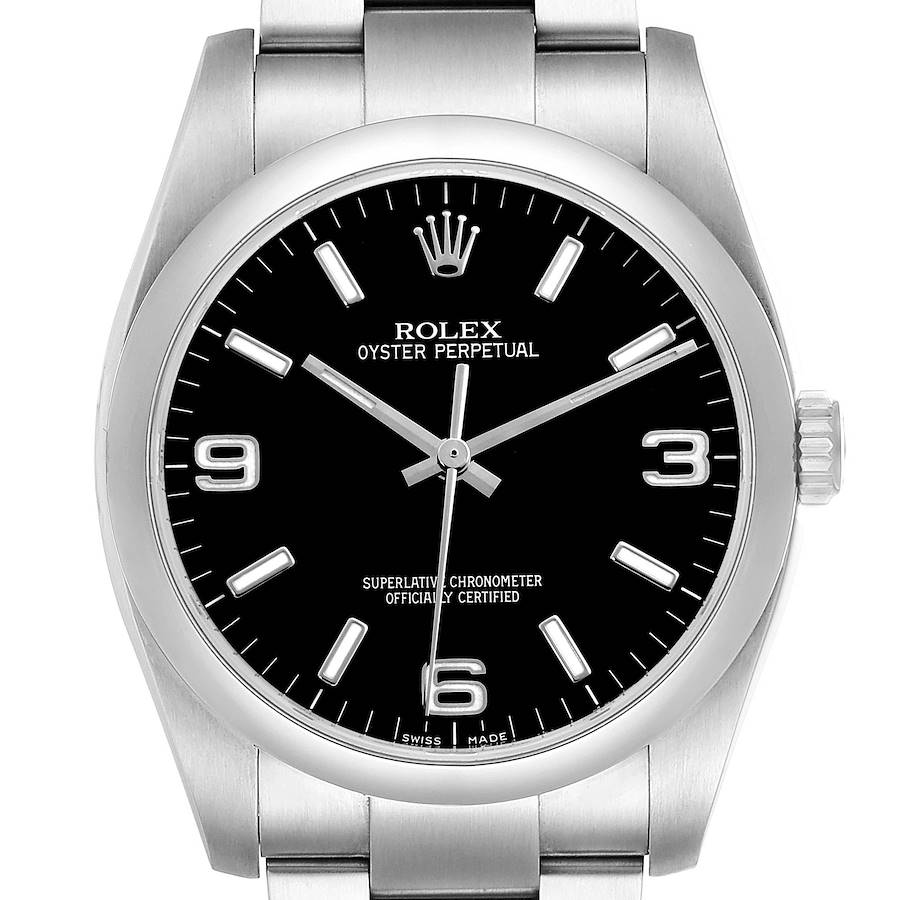 The Rolex Oyster Perpetual 116000 Men's Stainless Steel Black Dial watch is shown from the front, highlighting its black dial, hands, indices, and bracelet.