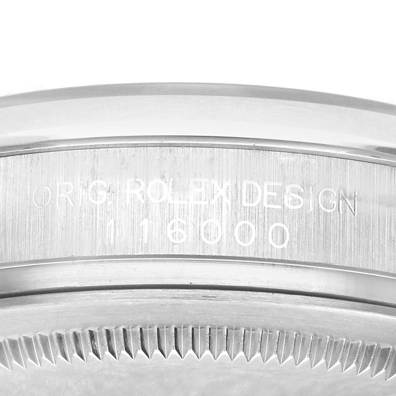 The image shows the side view of a Rolex Oyster Perpetual 116000 Men's Stainless Steel Black Dial watch, highlighting the engraved design and reference number.