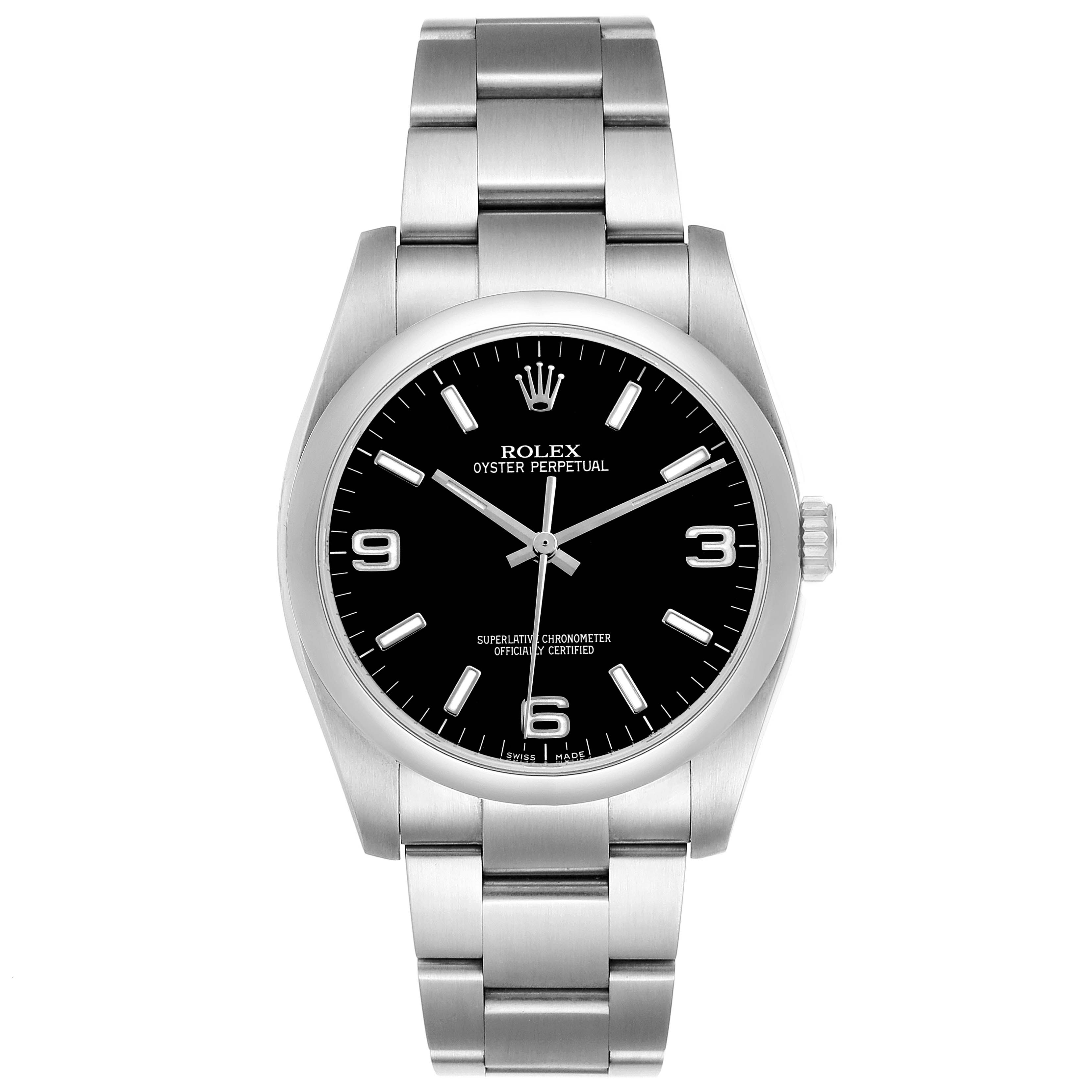 The Rolex Oyster Perpetual 116000 Men's Stainless Steel Black Dial watch is shown from a front angle, displaying the dial, bezel, bracelet, and crown.