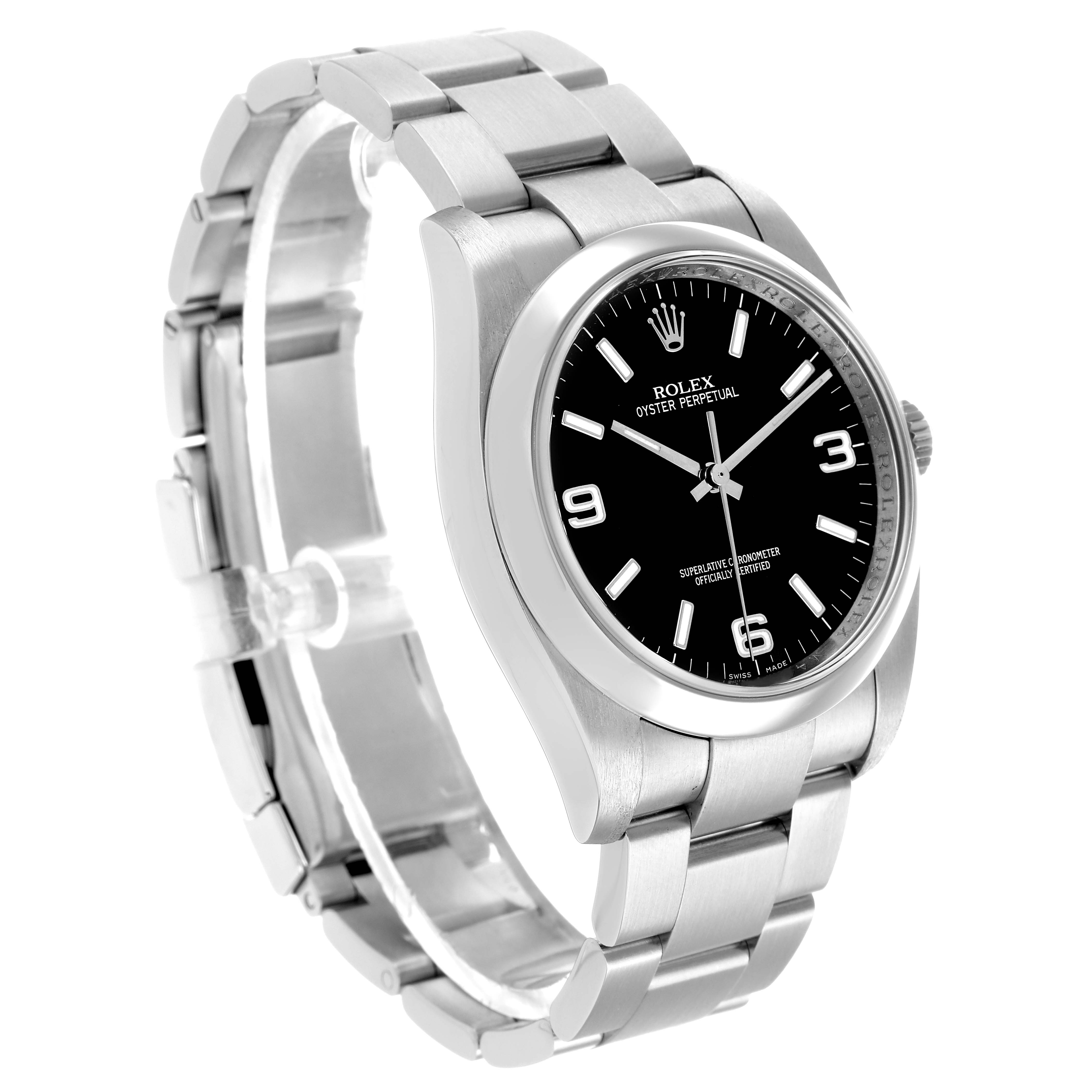 The Rolex Oyster Perpetual 116000 Men's Stainless Steel Black Dial watch is shown at a slight angle, displaying the face, bezel, and part of the bracelet.