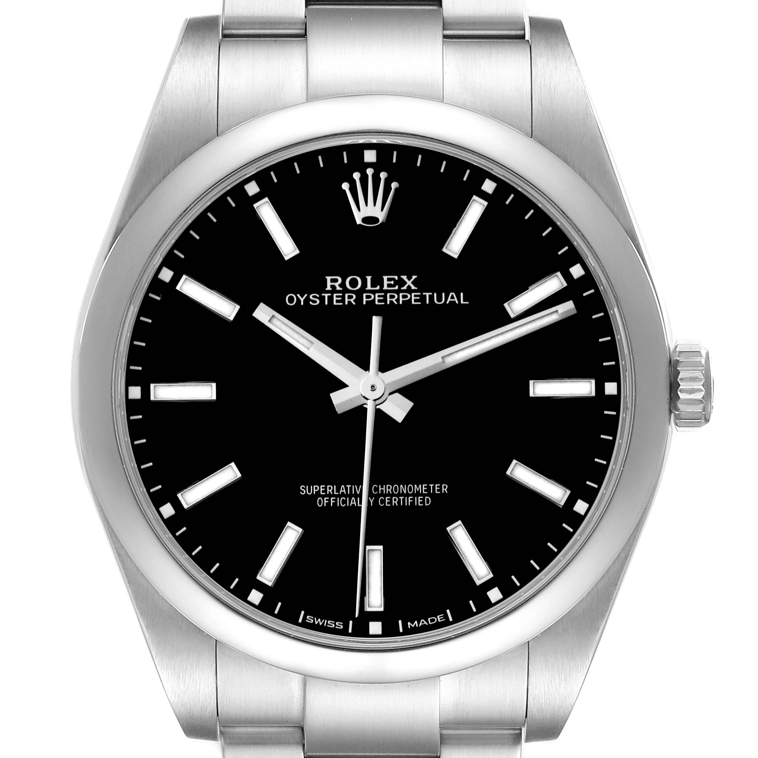 The image shows a frontal view of a Rolex Oyster Perpetual 114300 Men's Stainless Steel Black Dial 114300 Men's Stainless Steel Black Dial watch, highlighting the black dial, silver hour markers, and stainless steel case and bracelet.