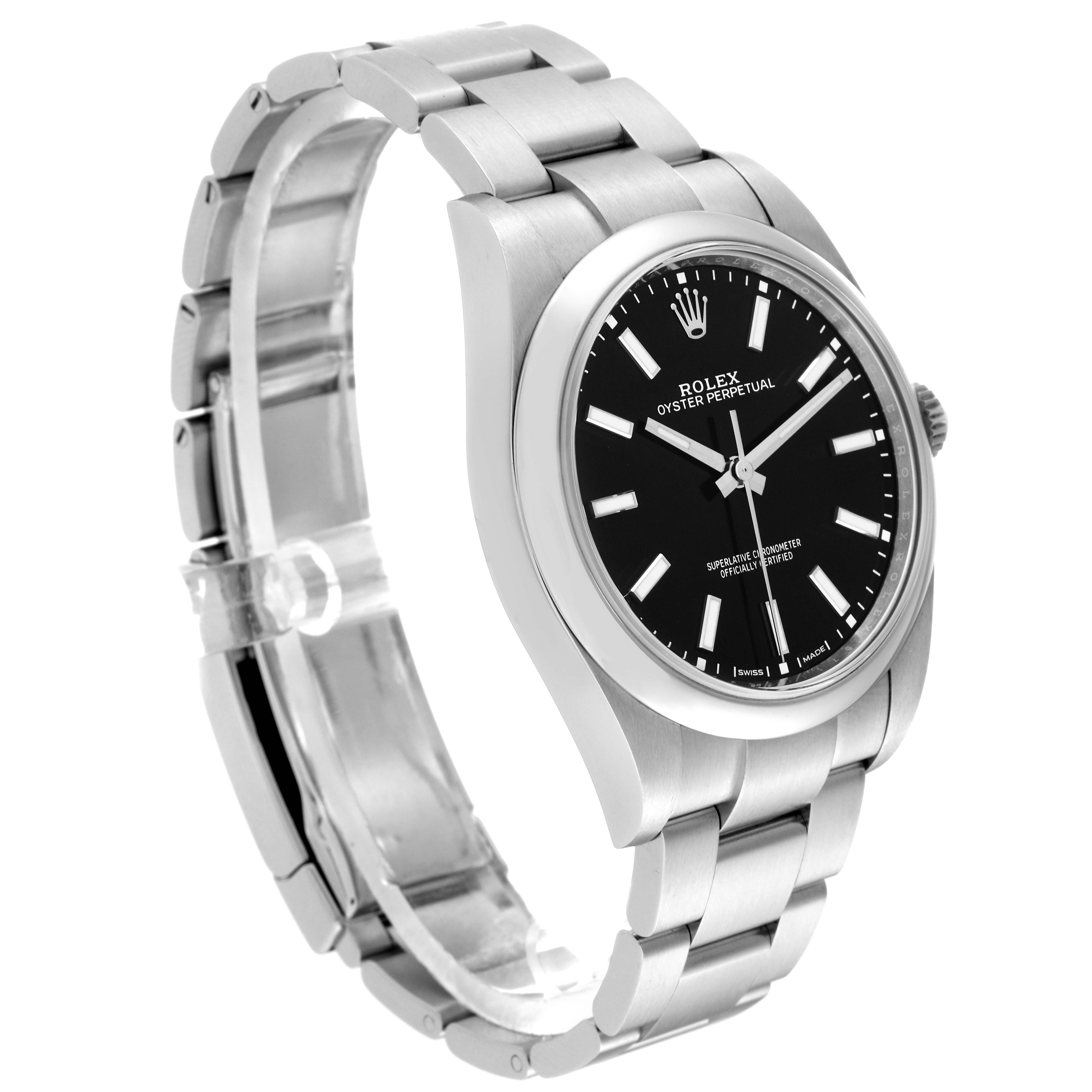 This image shows a side view of a Rolex Oyster Perpetual 114300 Men's Stainless Steel Black Dial 114300 Men's Stainless Steel Black Dial watch, highlighting its stainless steel bracelet and black dial.