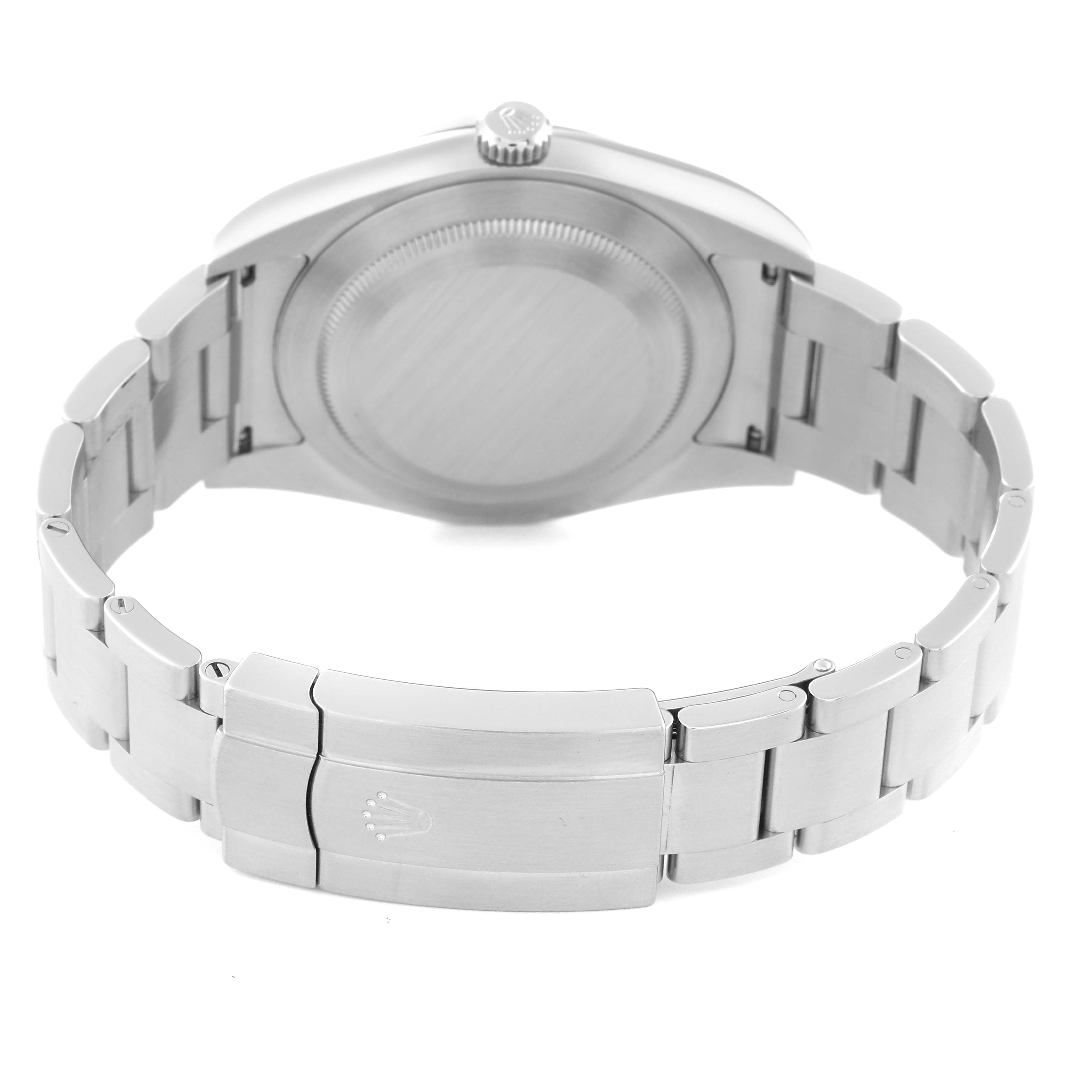 This image shows the back case and the bracelet clasp of the Rolex Oyster Perpetual 114300 Men's Stainless Steel Black Dial 114300 Men's Stainless Steel Black Dial watch from a rear angle.