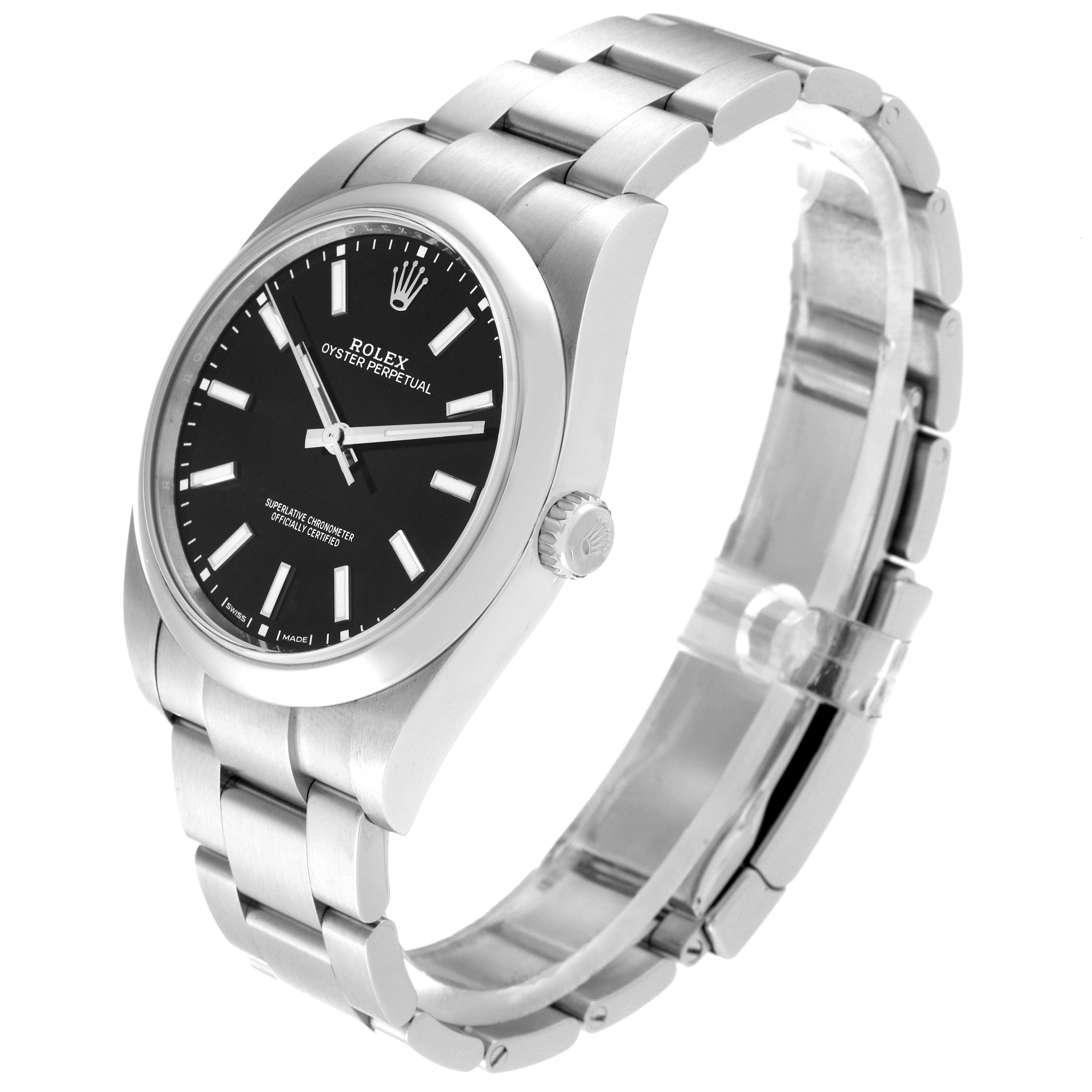 The Rolex Oyster Perpetual 114300 Men's Stainless Steel Black Dial 114300 Men's Stainless Steel Black Dial watch is shown at a slight angle, displaying the face, crown, and stainless steel bracelet.