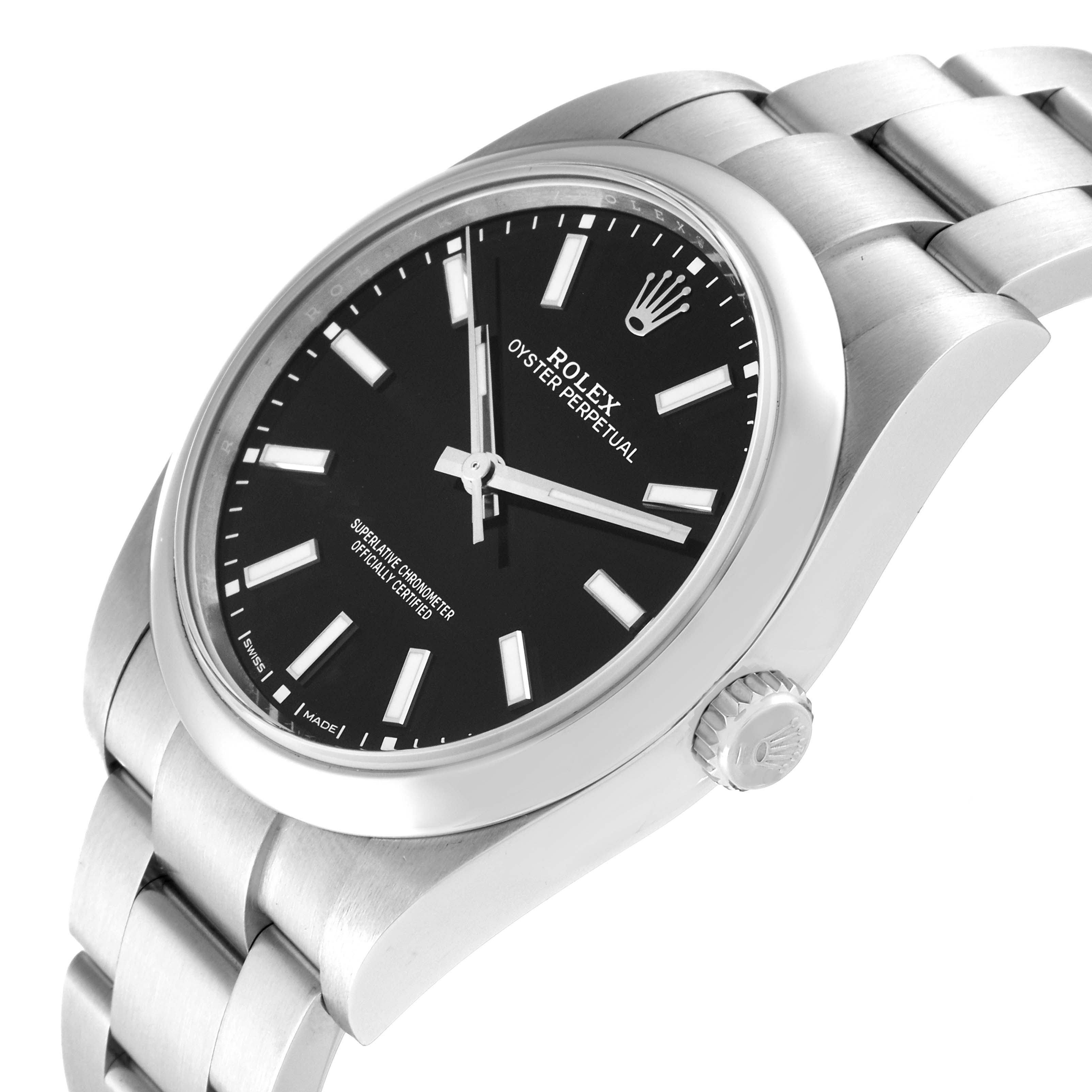 The image shows a side angle of the Rolex Oyster Perpetual 114300 Men's Stainless Steel Black Dial 114300 Men's Stainless Steel Black Dial watch, displaying its black dial, crown, and stainless steel bracelet.