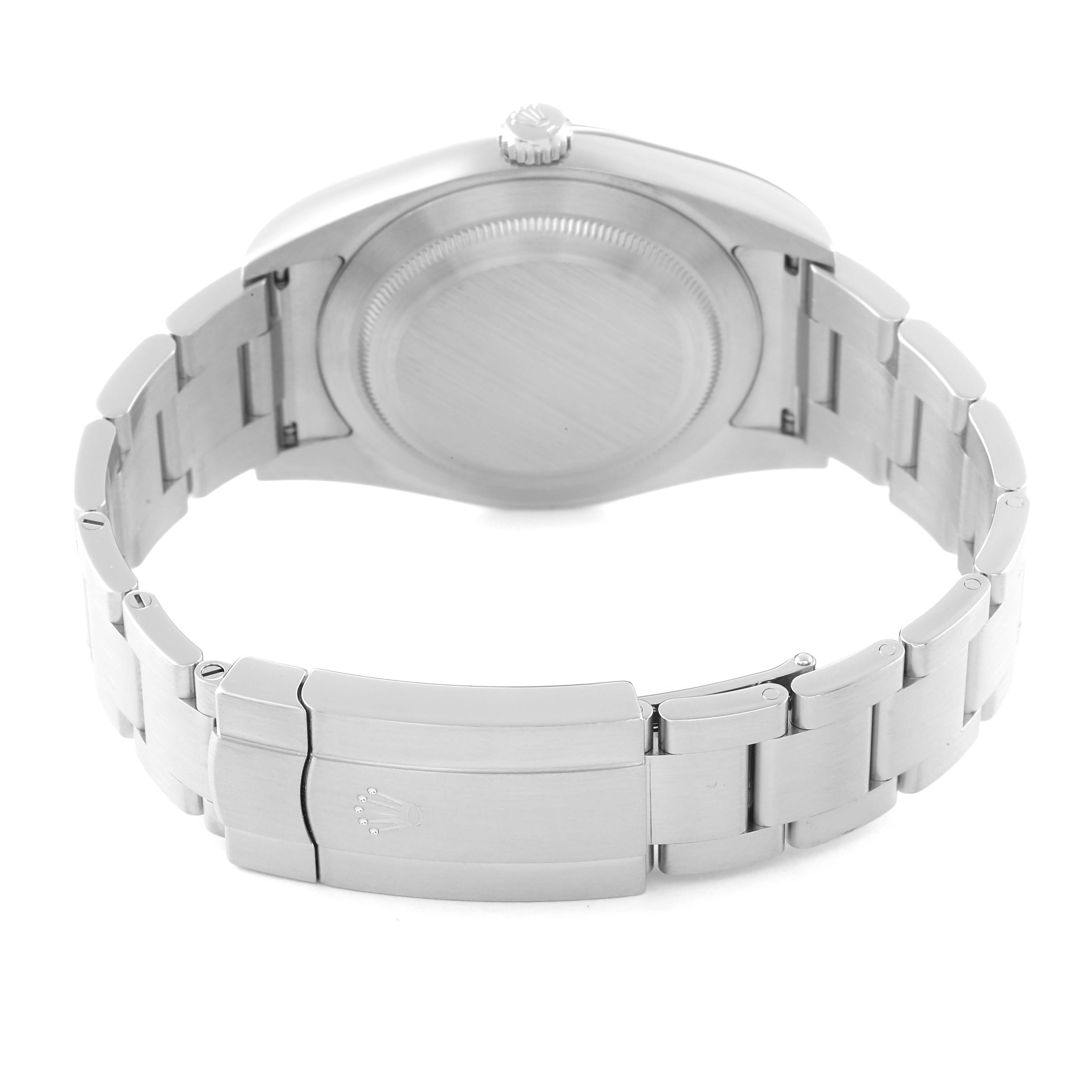 This image shows the back view of a Rolex Oyster Perpetual 114300 Men's Stainless Steel Grey Dial 114300 Men's Stainless Steel Grey Dial model watch, highlighting its closed clasp and bracelet.