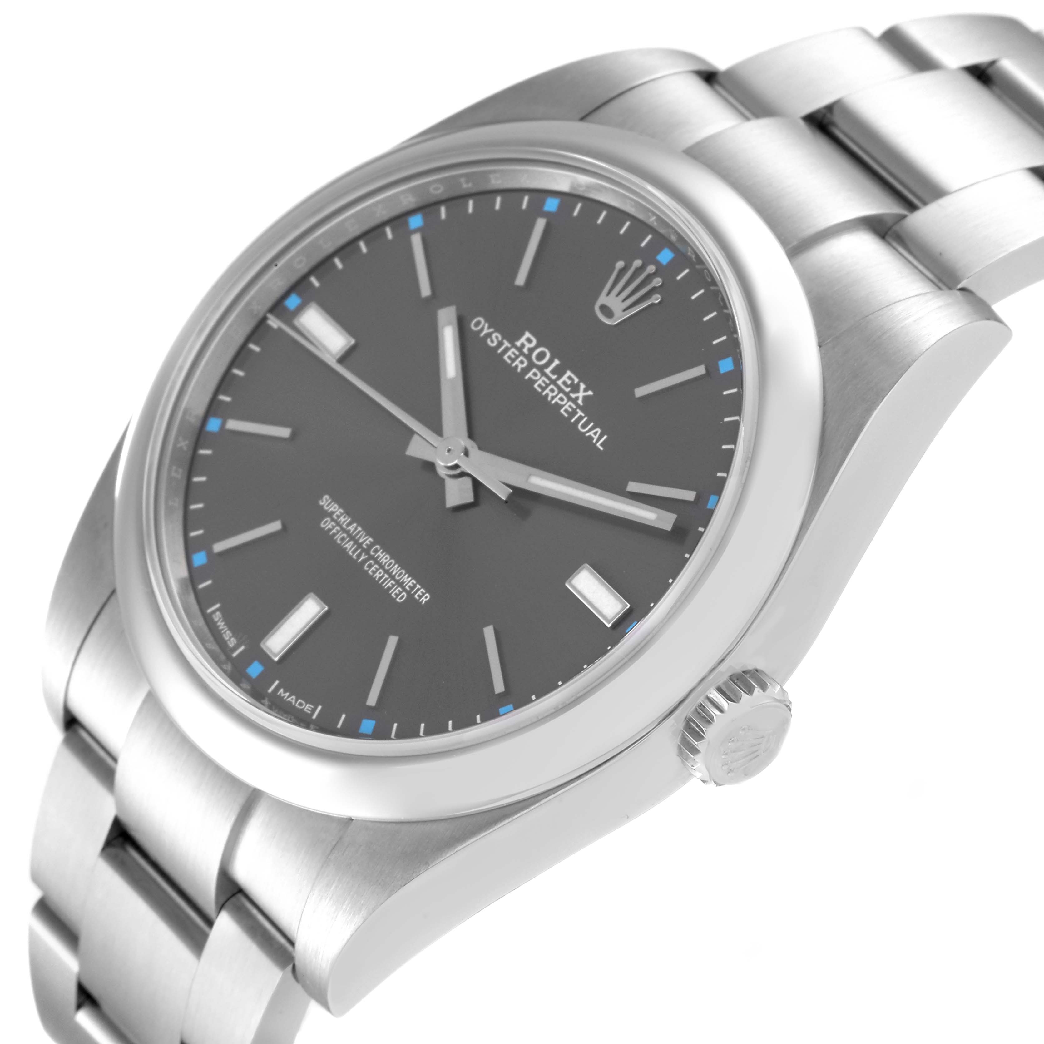 The Rolex Oyster Perpetual 114300 Men's Stainless Steel Grey Dial 114300 Men's Stainless Steel Grey Dial watch is shown at an oblique angle displaying the dial, bezel, crown, and part of the bracelet.