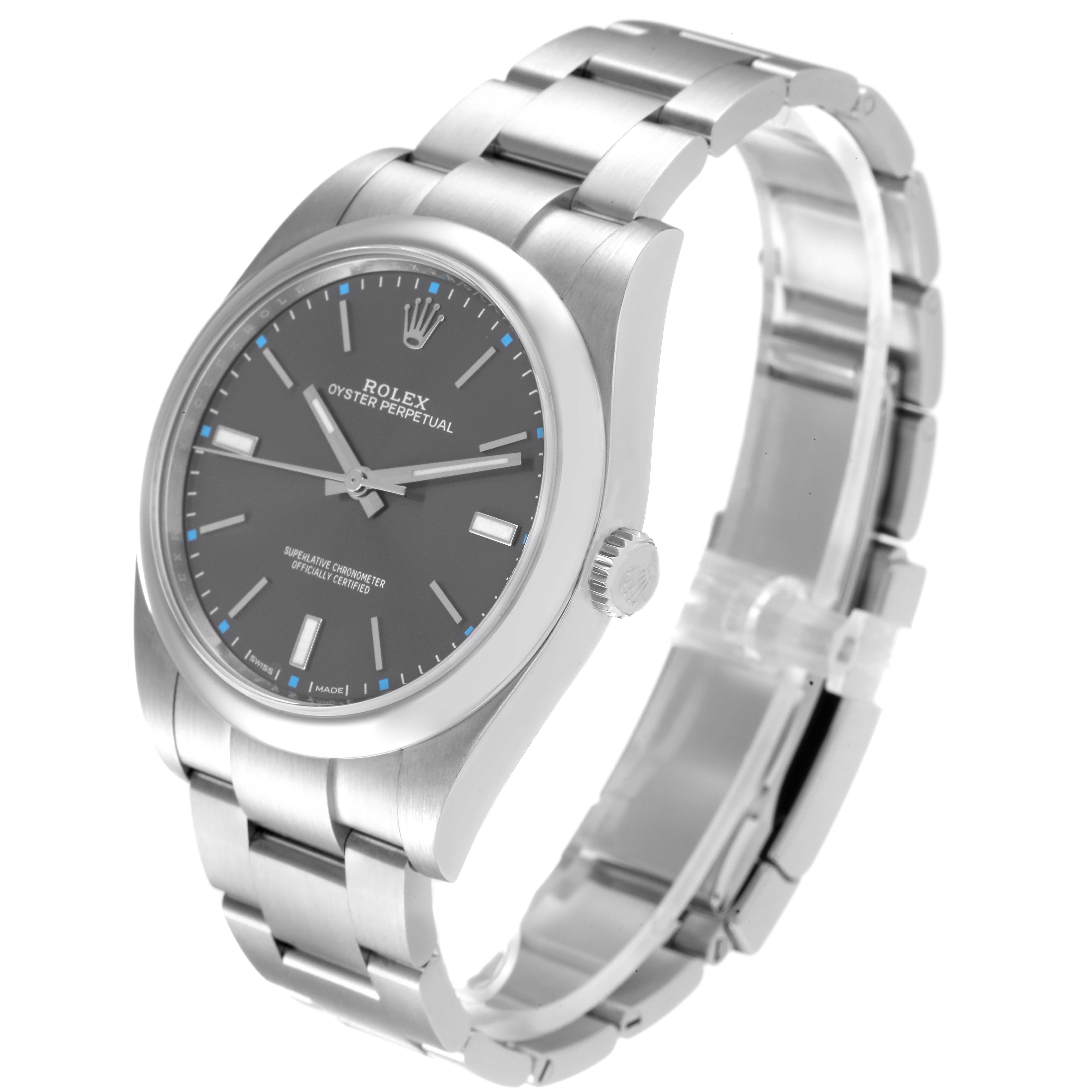 The Rolex Oyster Perpetual 114300 Men's Stainless Steel Grey Dial 114300 Men's Stainless Steel Grey Dial watch is shown from a slightly tilted side angle, displaying the face, bezel, crown, and part of the bracelet.
