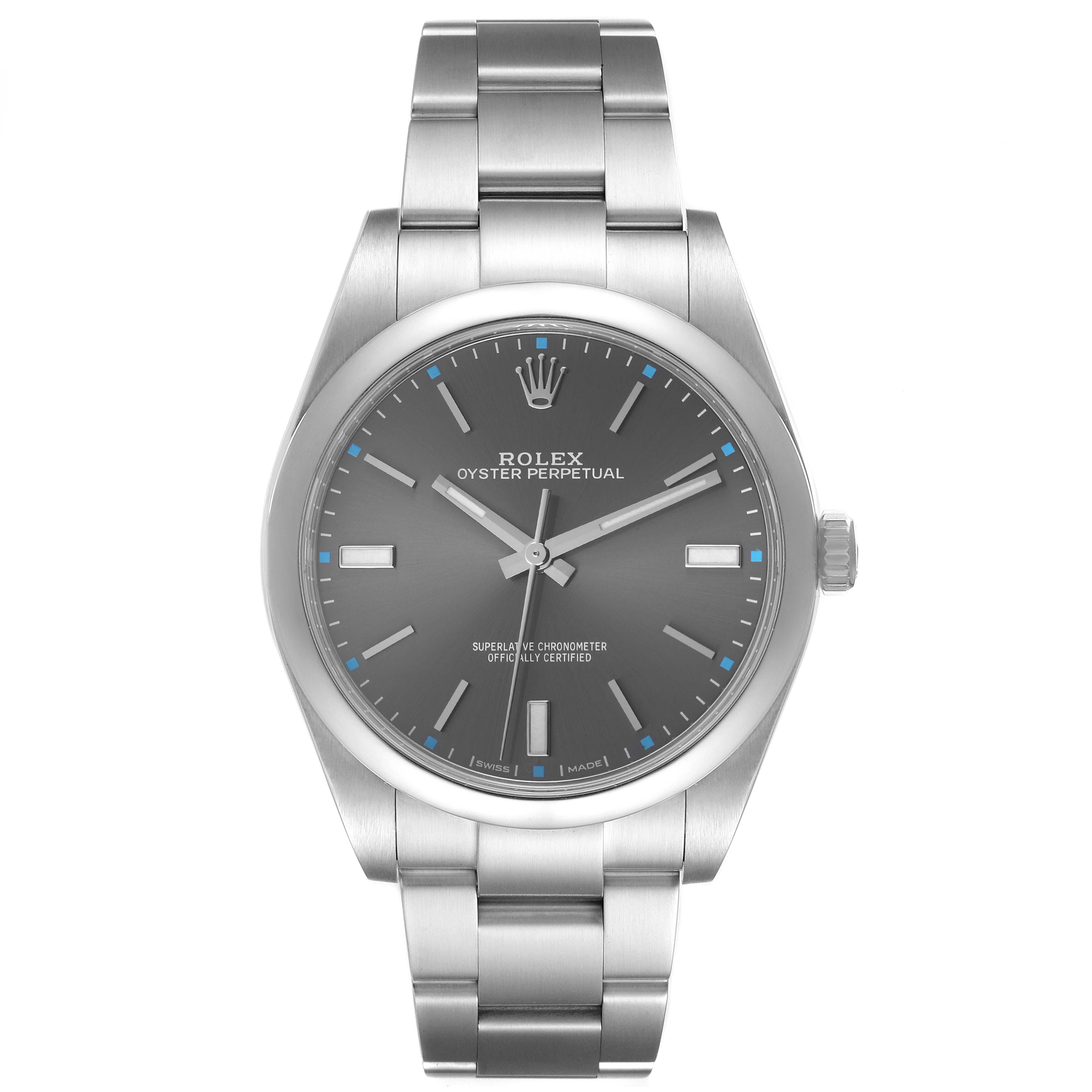 The image shows a front view of the Rolex Oyster Perpetual 114300 Men's Stainless Steel Grey Dial 114300 Men's Stainless Steel Grey Dial watch, highlighting its face, bezel, case, and bracelet.