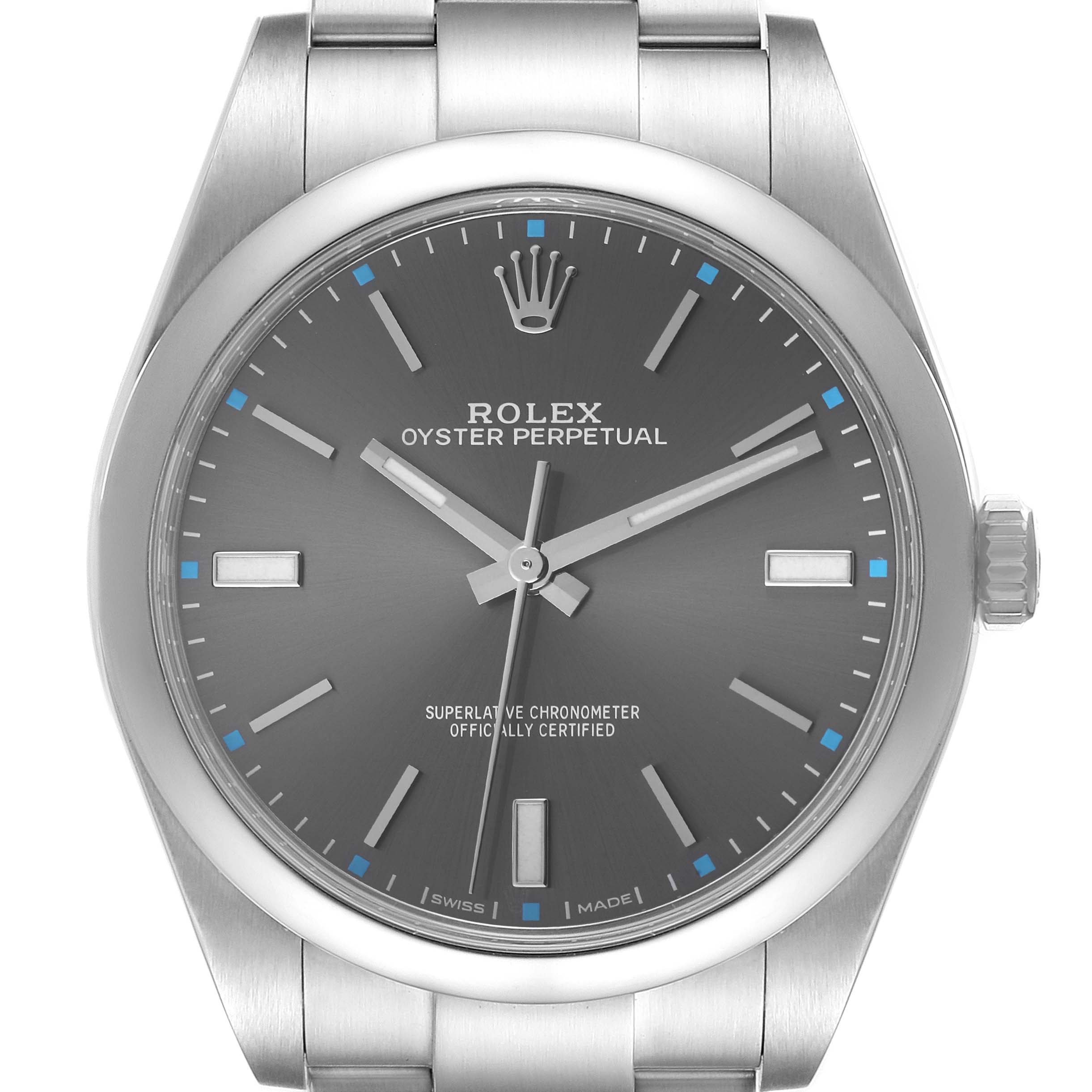 This image shows a front view of the Rolex Oyster Perpetual 114300 Men's Stainless Steel Grey Dial 114300 Men's Stainless Steel Grey Dial watch, highlighting the dial, hands, markers, and part of the bracelet.
