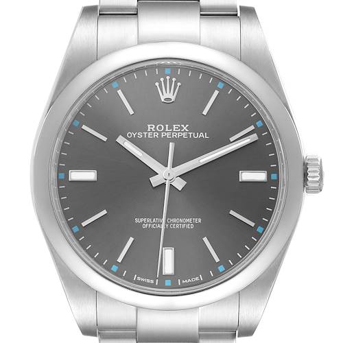 This image shows a front view of the Rolex Oyster Perpetual watch, highlighting its dial, hands, and seconds markers.