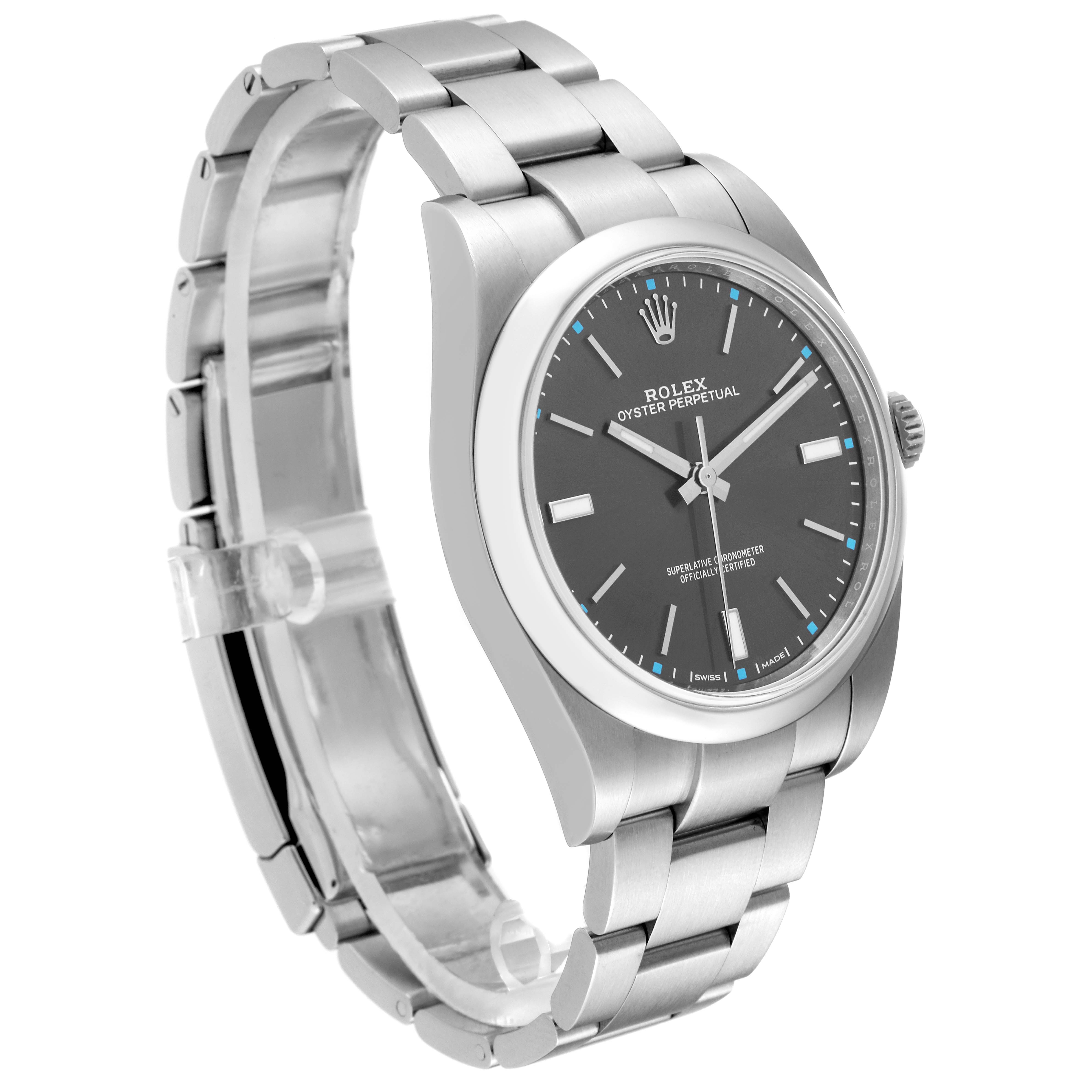 The Rolex Oyster Perpetual 114300 Men's Stainless Steel Grey Dial 114300 Men's Stainless Steel Grey Dial watch is shown at a slightly tilted angle, displaying its face, bezel, bracelet, and clasp.