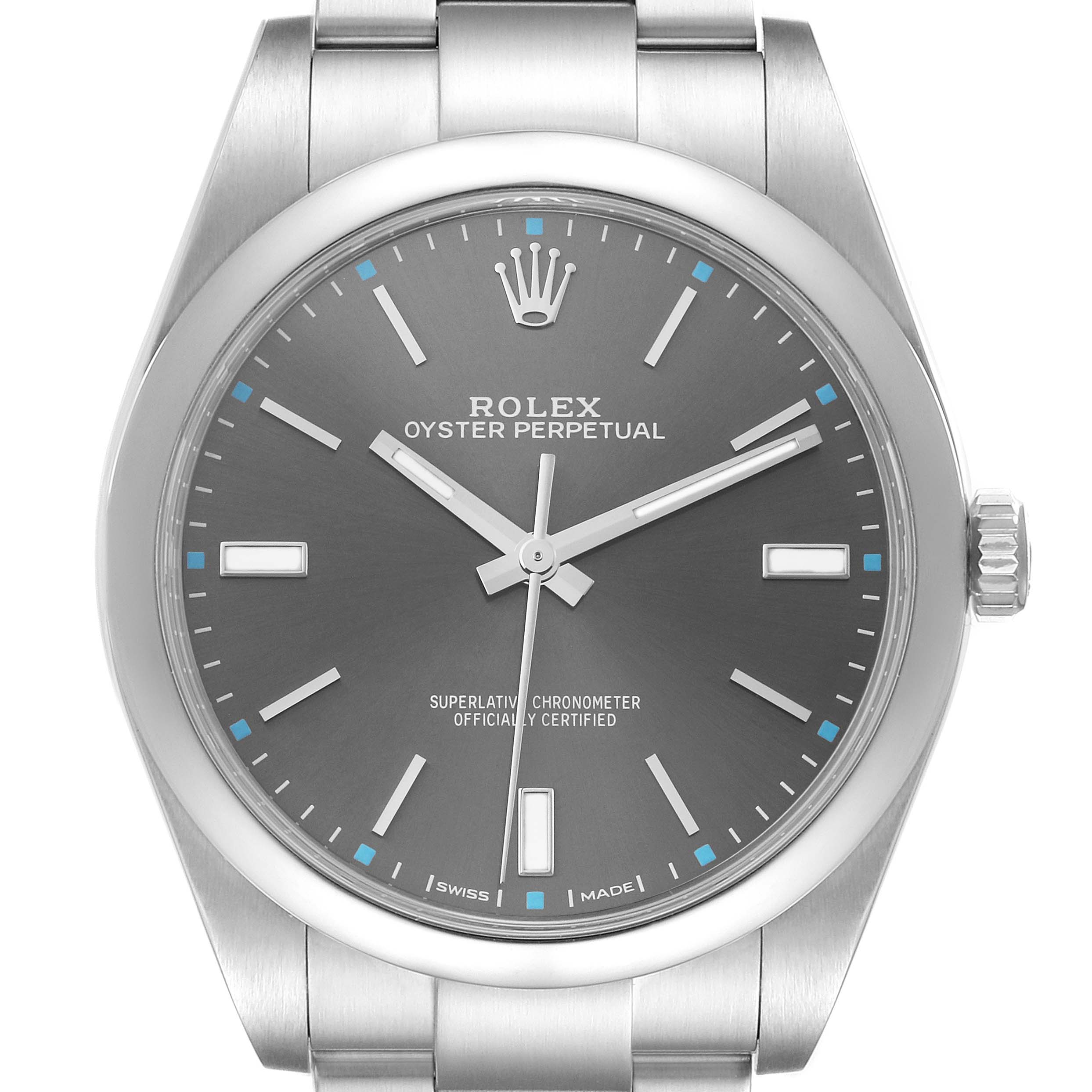 The Rolex Oyster Perpetual 114300 Men's Stainless Steel Grey Dial 114300 Men's Stainless Steel Grey Dial watch is shown at a frontal angle, displaying its face, bezel, and part of the bracelet.