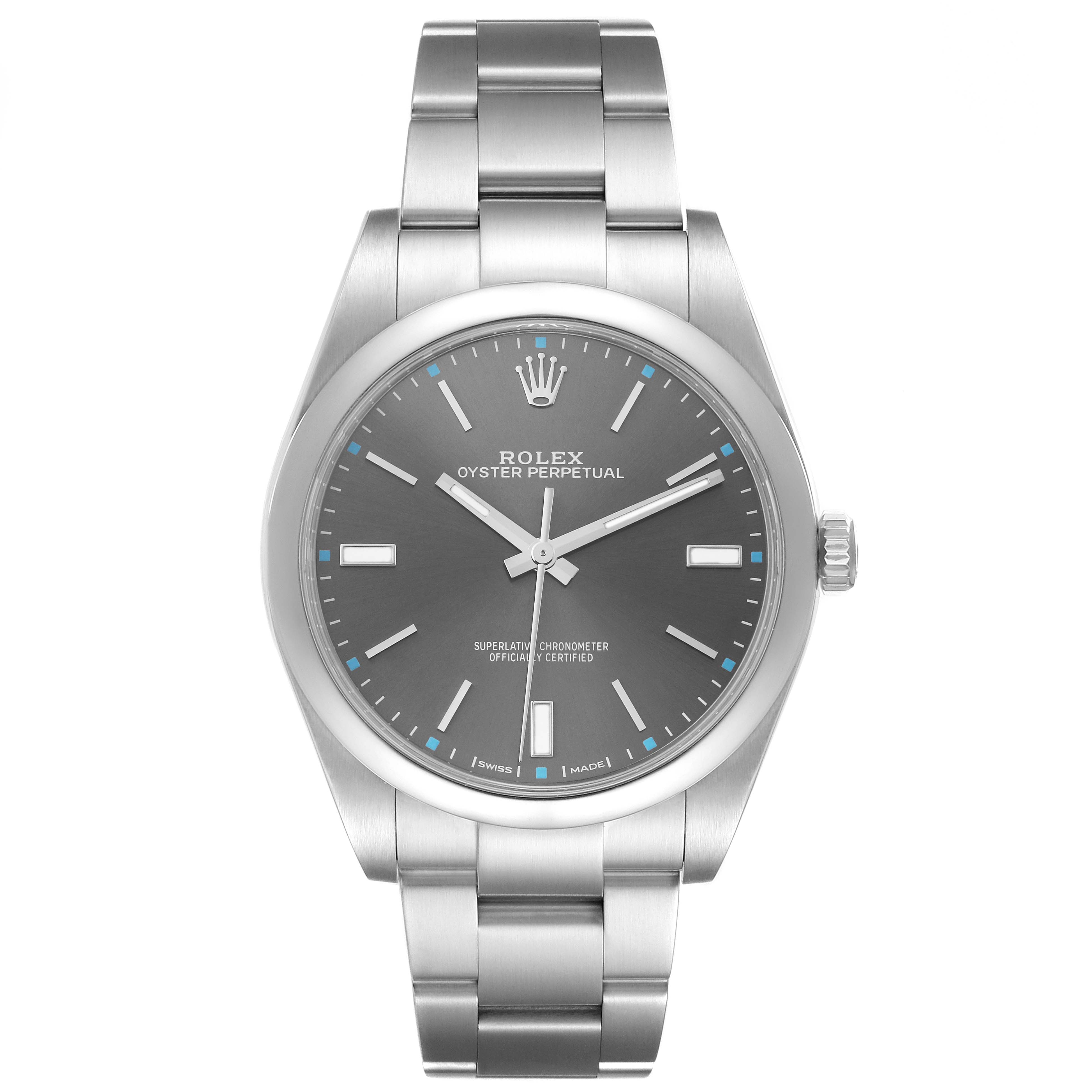 This image shows a front view of the Rolex Oyster Perpetual 114300 Men's Stainless Steel Grey Dial 114300 Men's Stainless Steel Grey Dial watch, highlighting its face, hands, and bracelet.