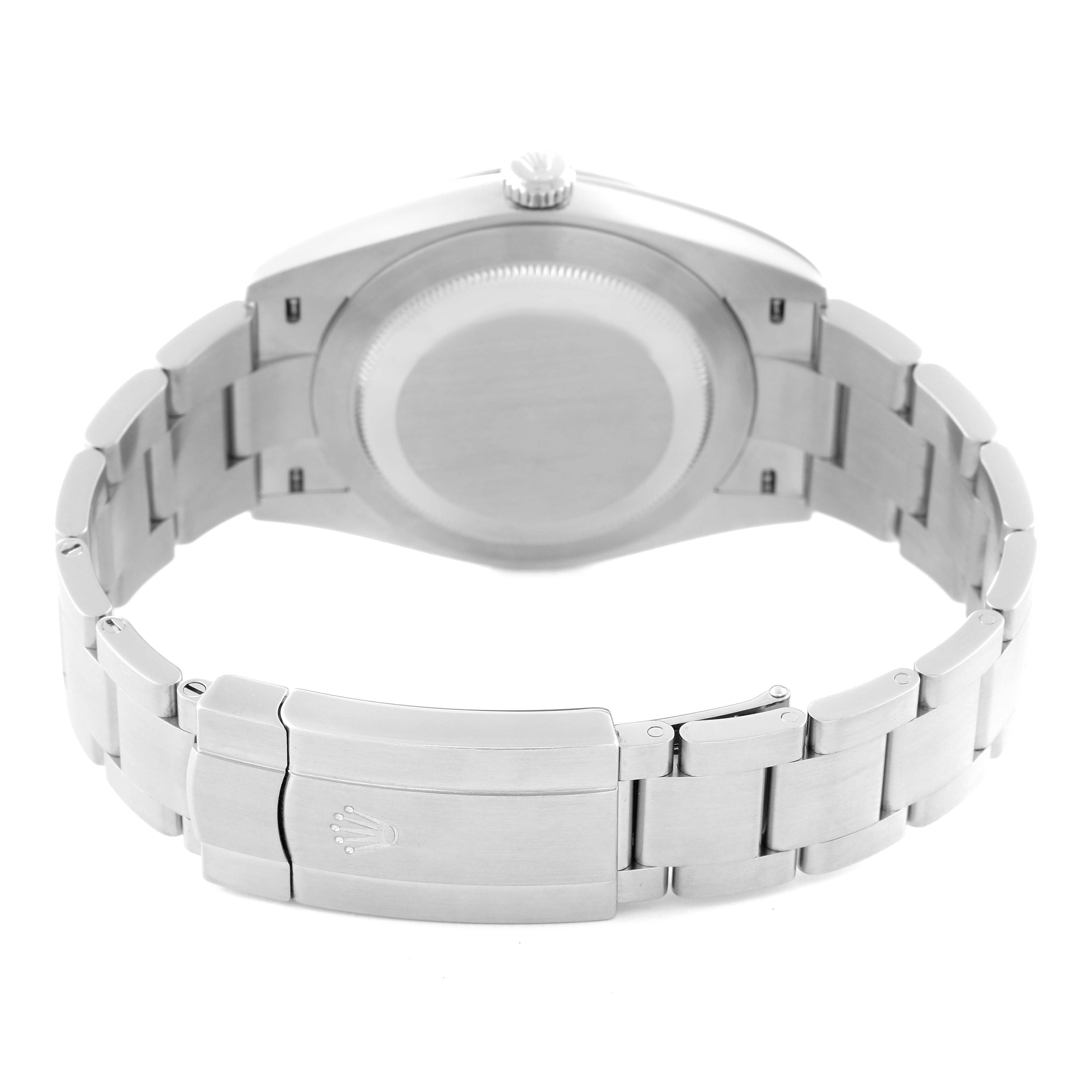 The image shows the back case and bracelet of the Rolex Oyster Perpetual 124300 Men
s Stainless Steel Yellow Dial 124300 Men
s Stainless Steel Yellow Dial watch from a rear angle.