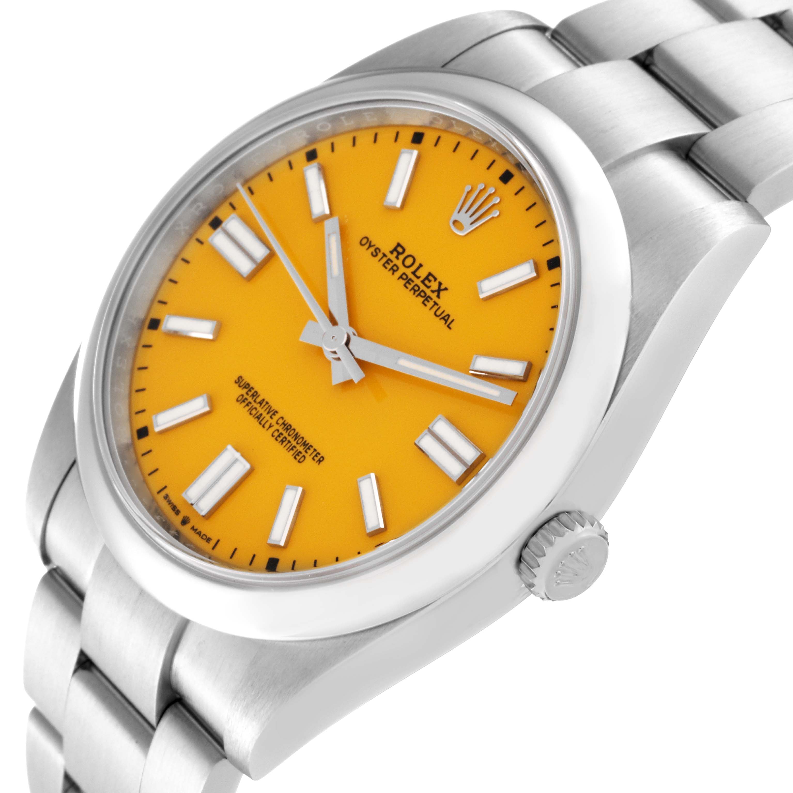 The image shows a side-angle view of the Rolex Oyster Perpetual 124300 Men
s Stainless Steel Yellow Dial 124300 Men
s Stainless Steel Yellow Dial watch, highlighting its yellow dial, crown, and stainless steel bracelet.