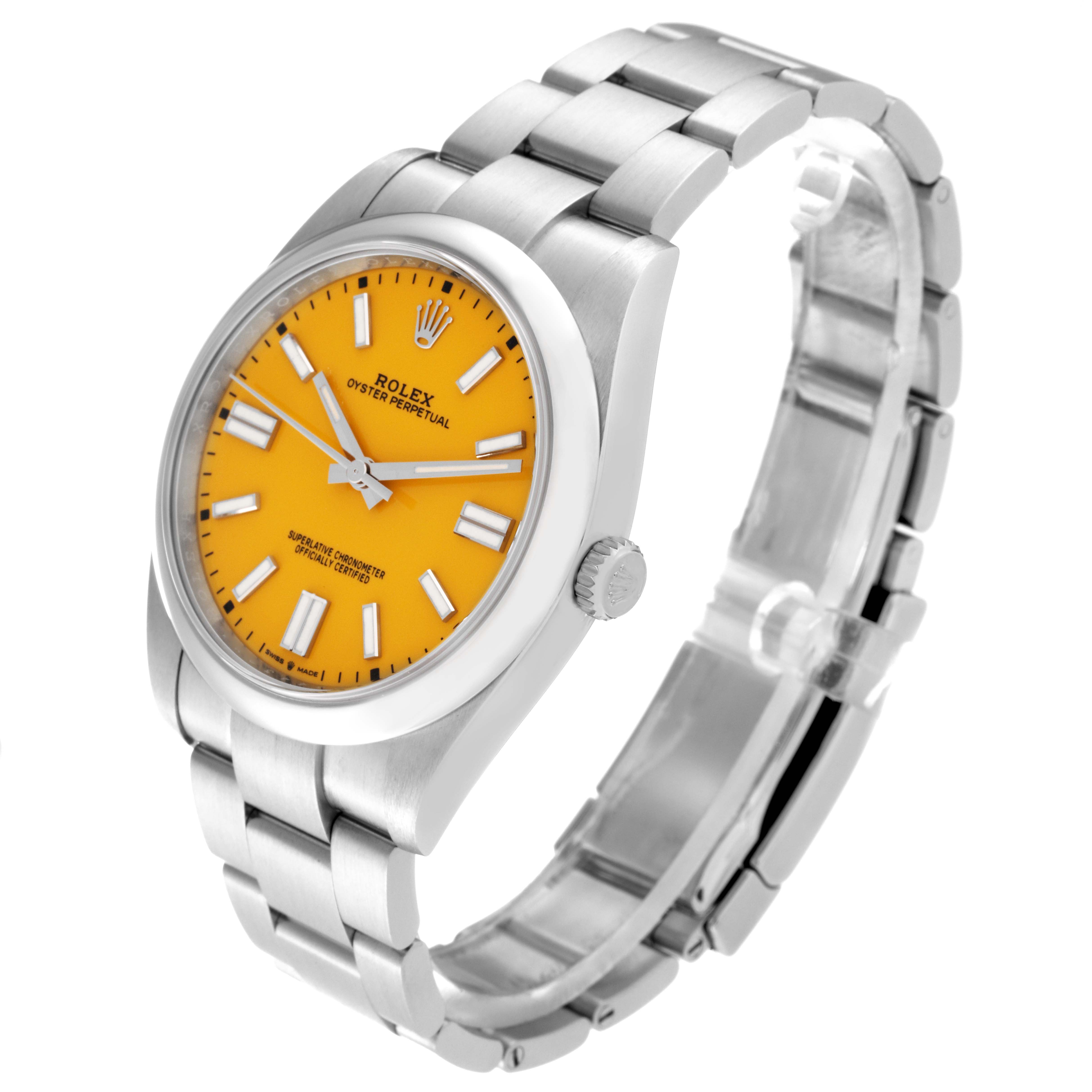 The Rolex Oyster Perpetual 124300 Men
s Stainless Steel Yellow Dial 124300 Men
s Stainless Steel Yellow Dial watch is shown at a slight angle from the upper right, displaying the face, bracelet, and clasp.