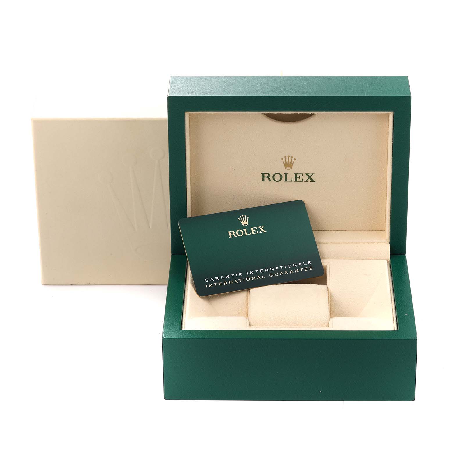 The image shows the green and beige packaging, and warranty card for the Rolex Oyster Perpetual 124300 Men
s Stainless Steel Yellow Dial 124300 Men
s Stainless Steel Yellow Dial watch.